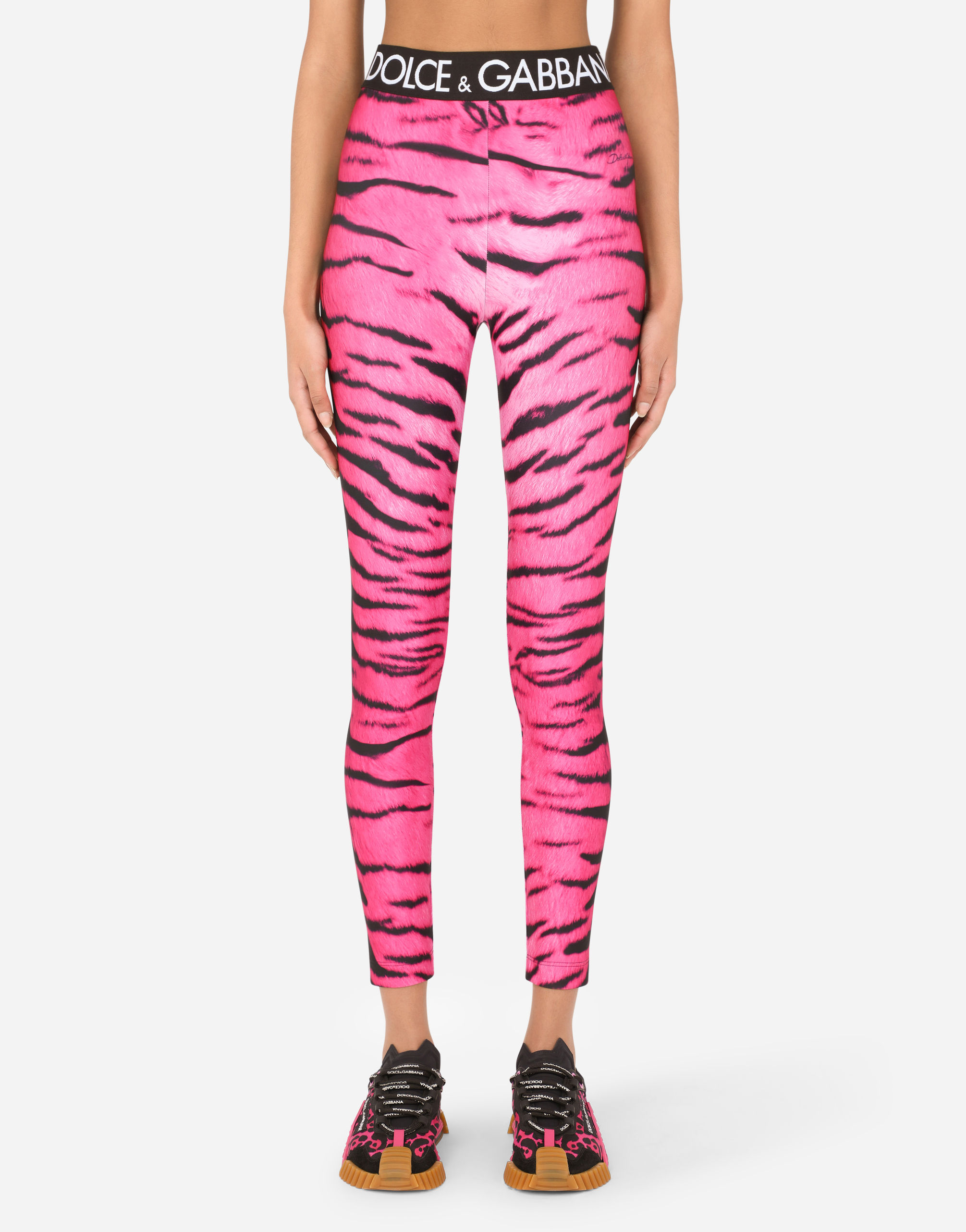 Run-resistant fabric leggings with tiger print and branded elastic in Multicolor