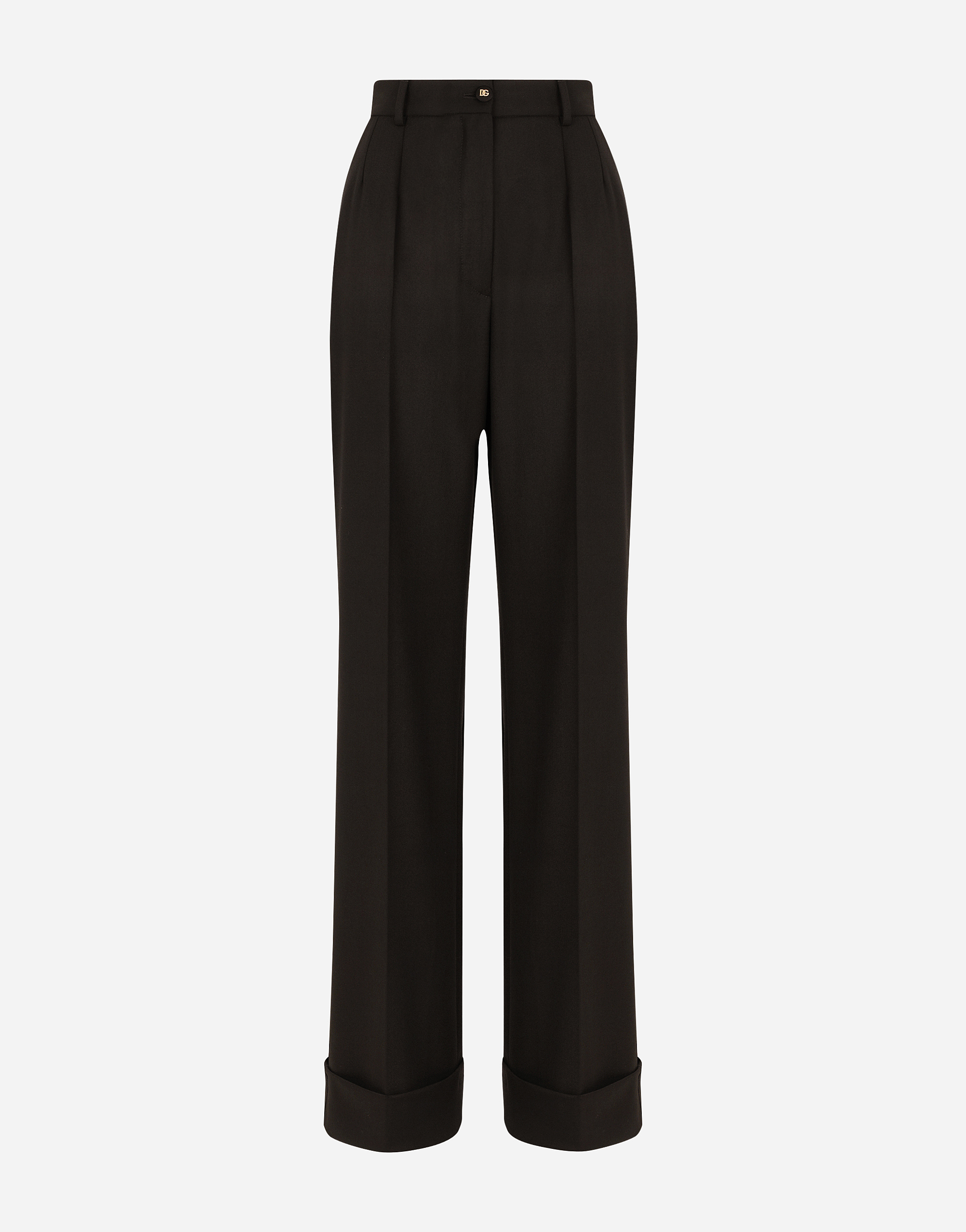 Woolen palazzo pants with turn-ups in Black