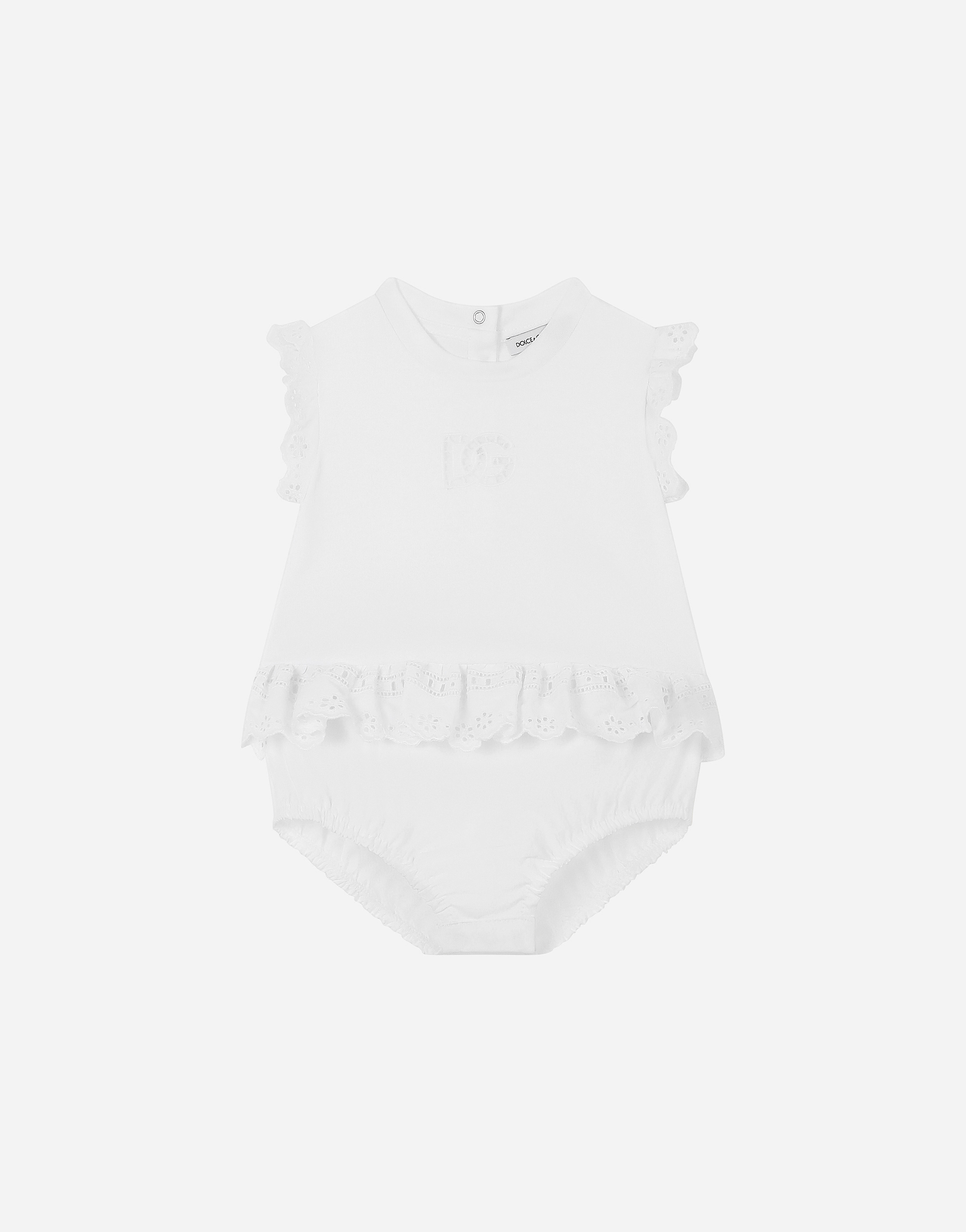 Embroidered poplin and jersey romper suit in White
