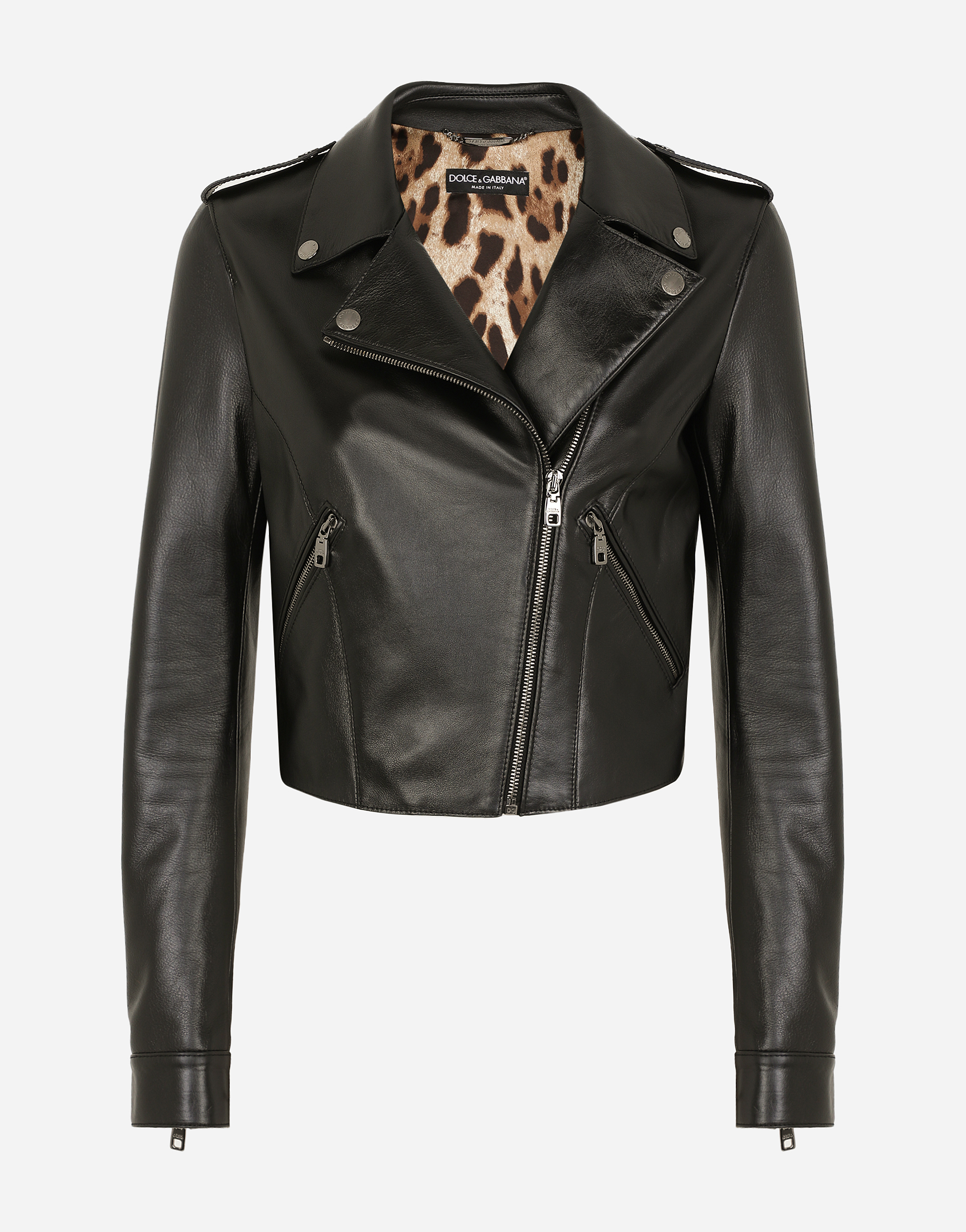 Leather biker jacket with tab details in Black
