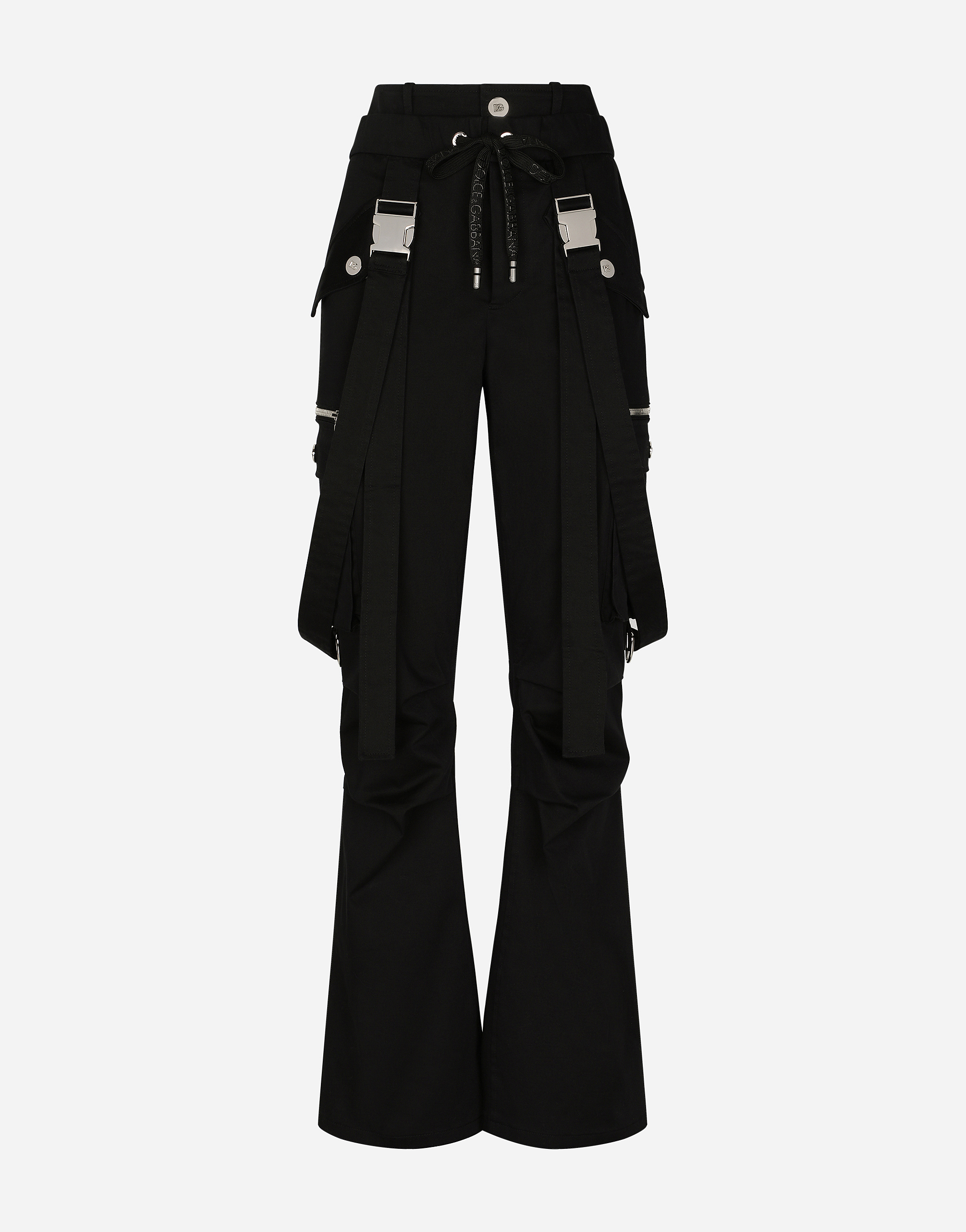 Stretch drill cargo pants with suspenders in Black