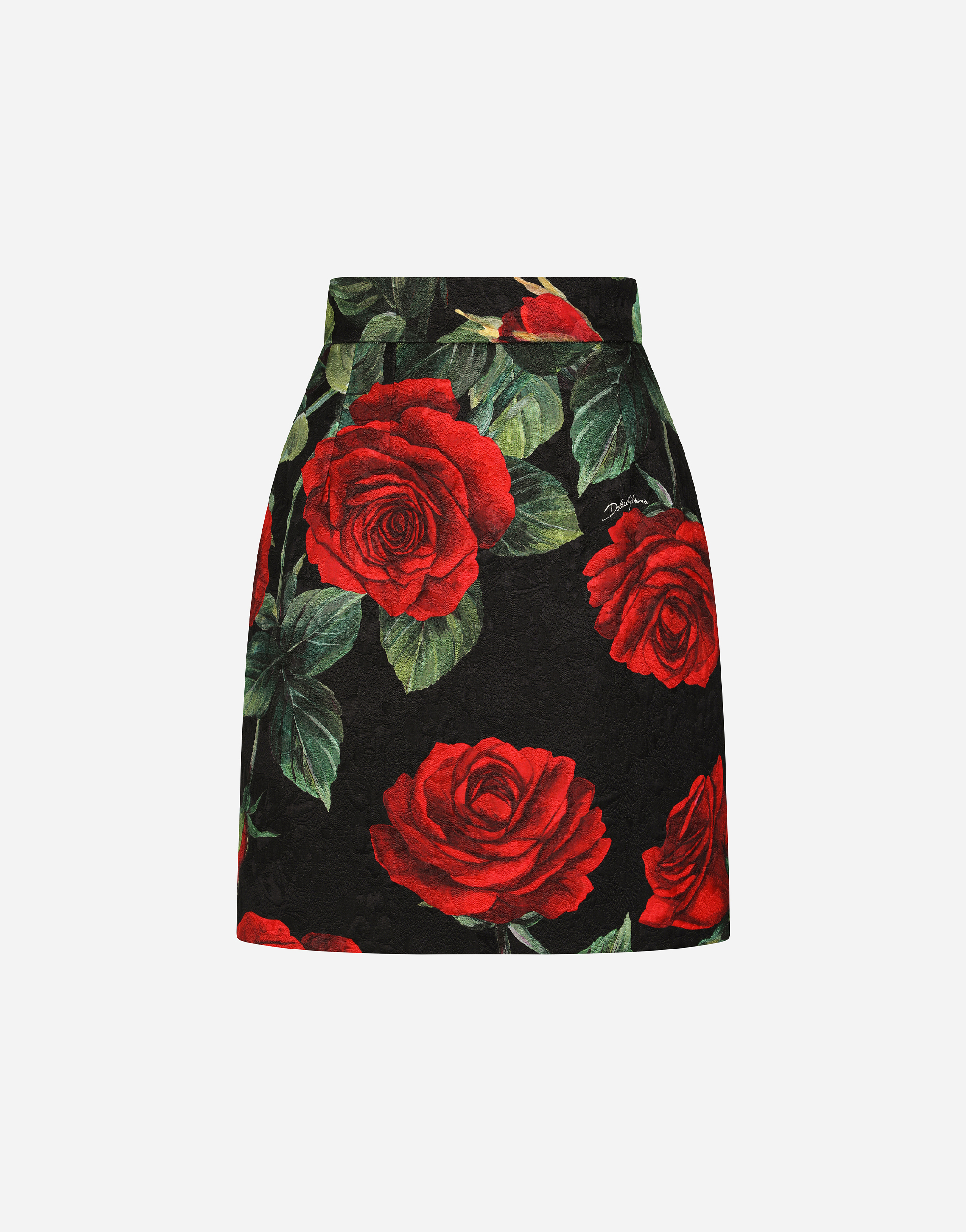 Brocade miniskirt with red rose print in Multicolor