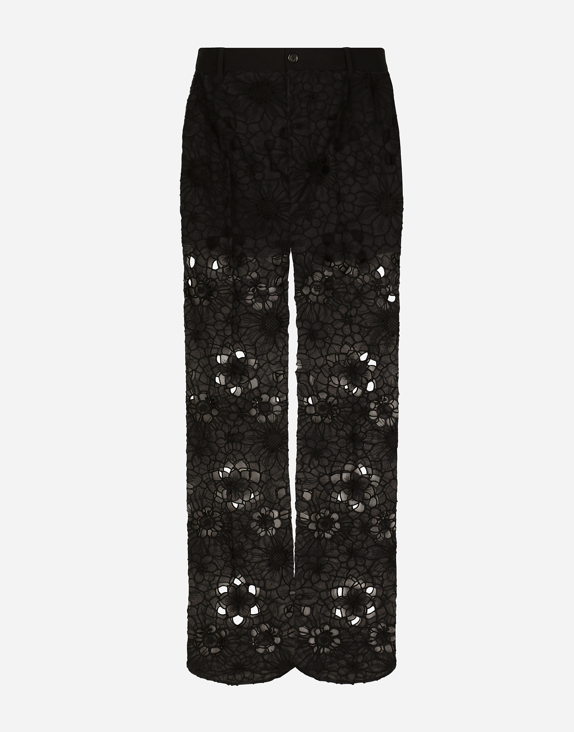 Tailored stretch broderie anglaise pants in Black
