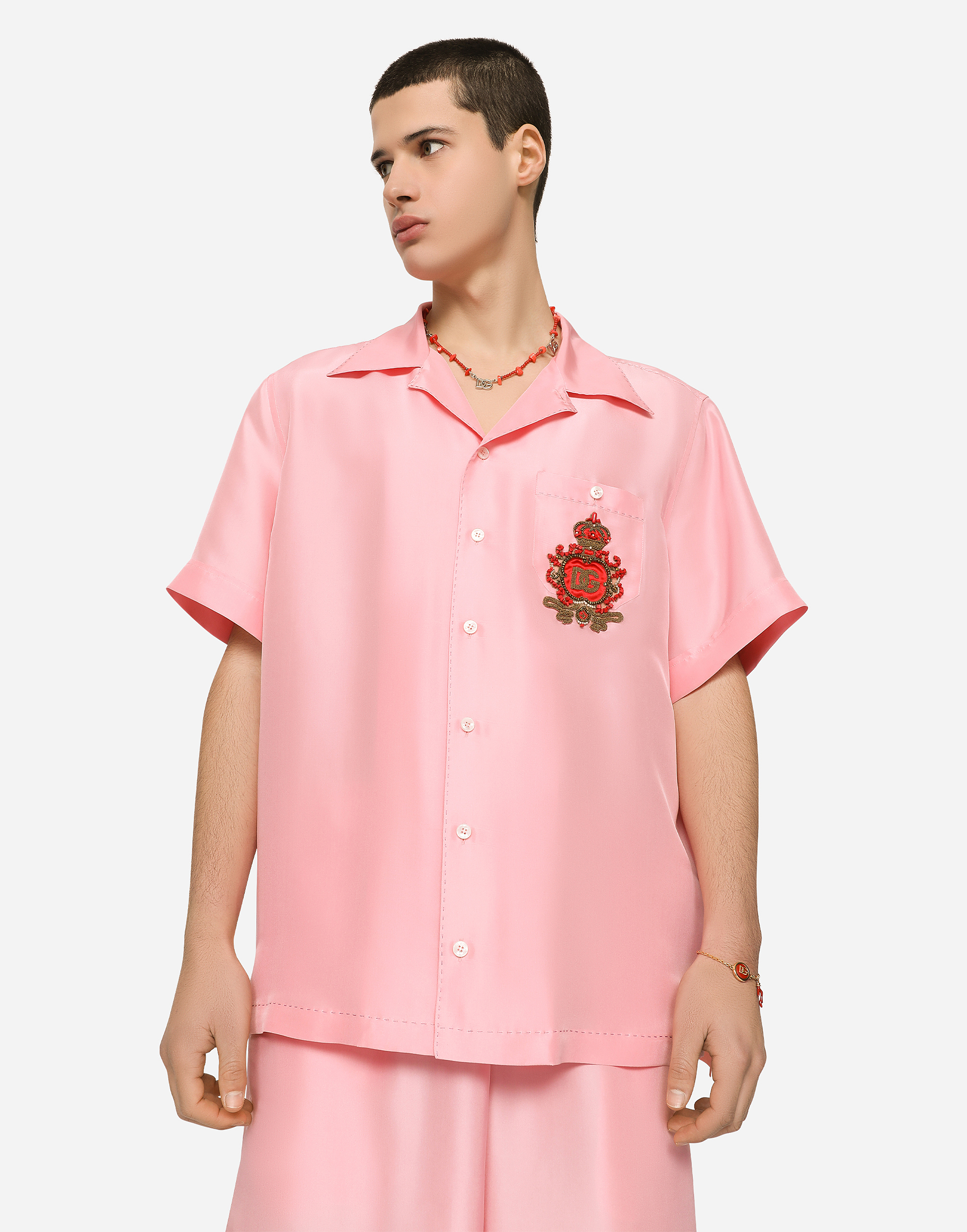Coral-print silk Hawaiian shirt with patch in Pink