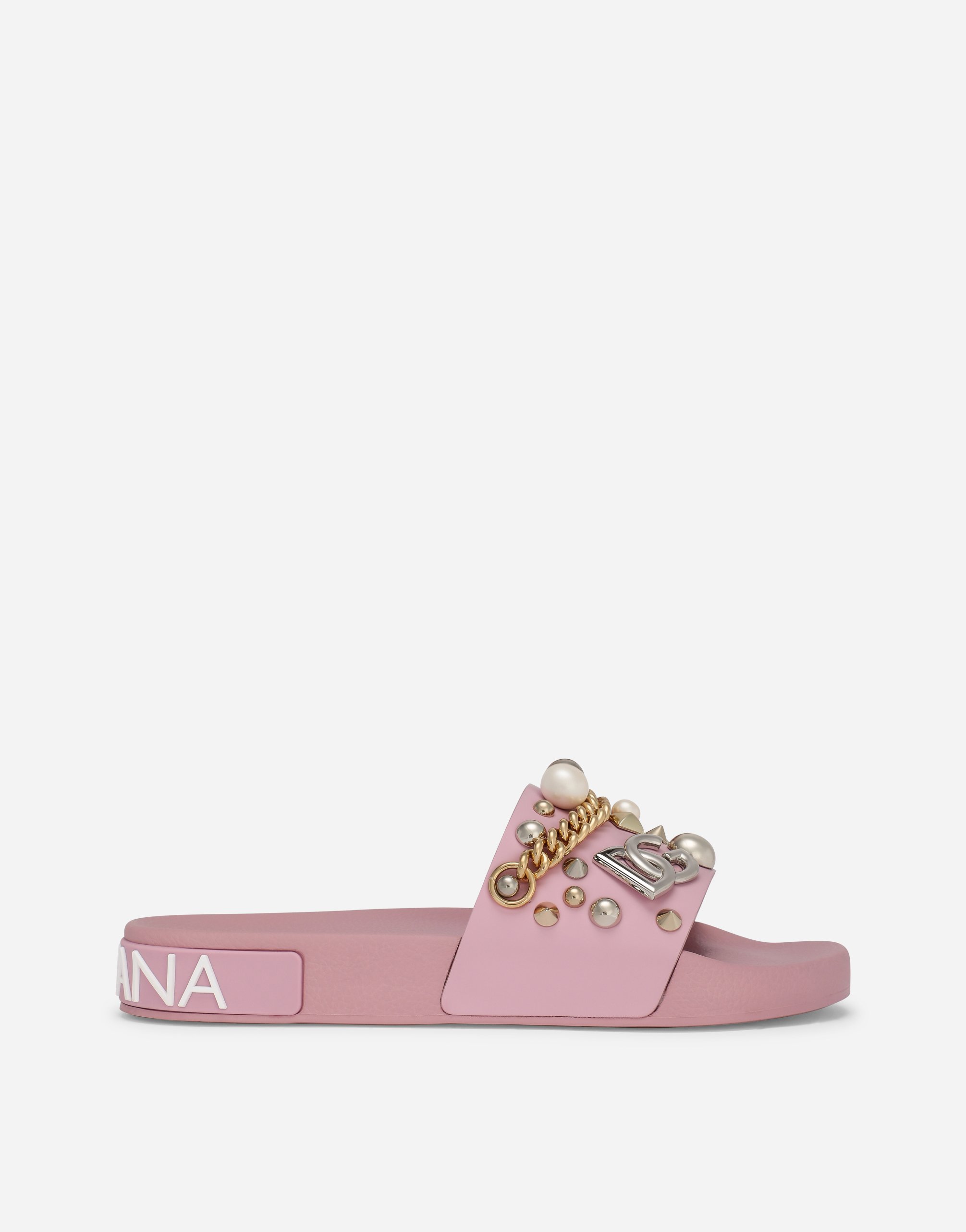 Rubber beachwear slides with embroidery in Pink
