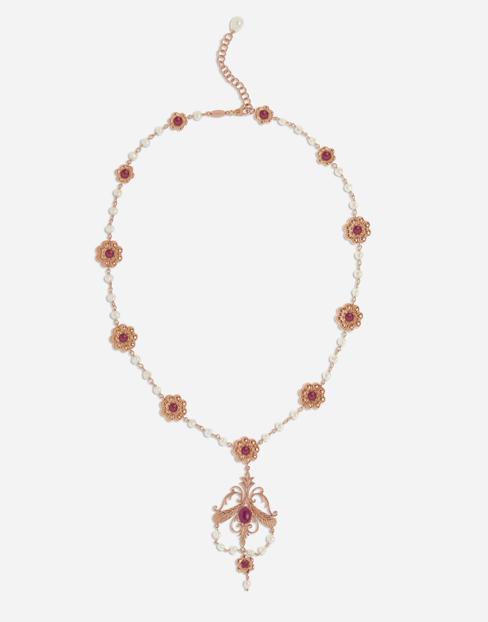 Necklace with floral elements and pendant in Gold