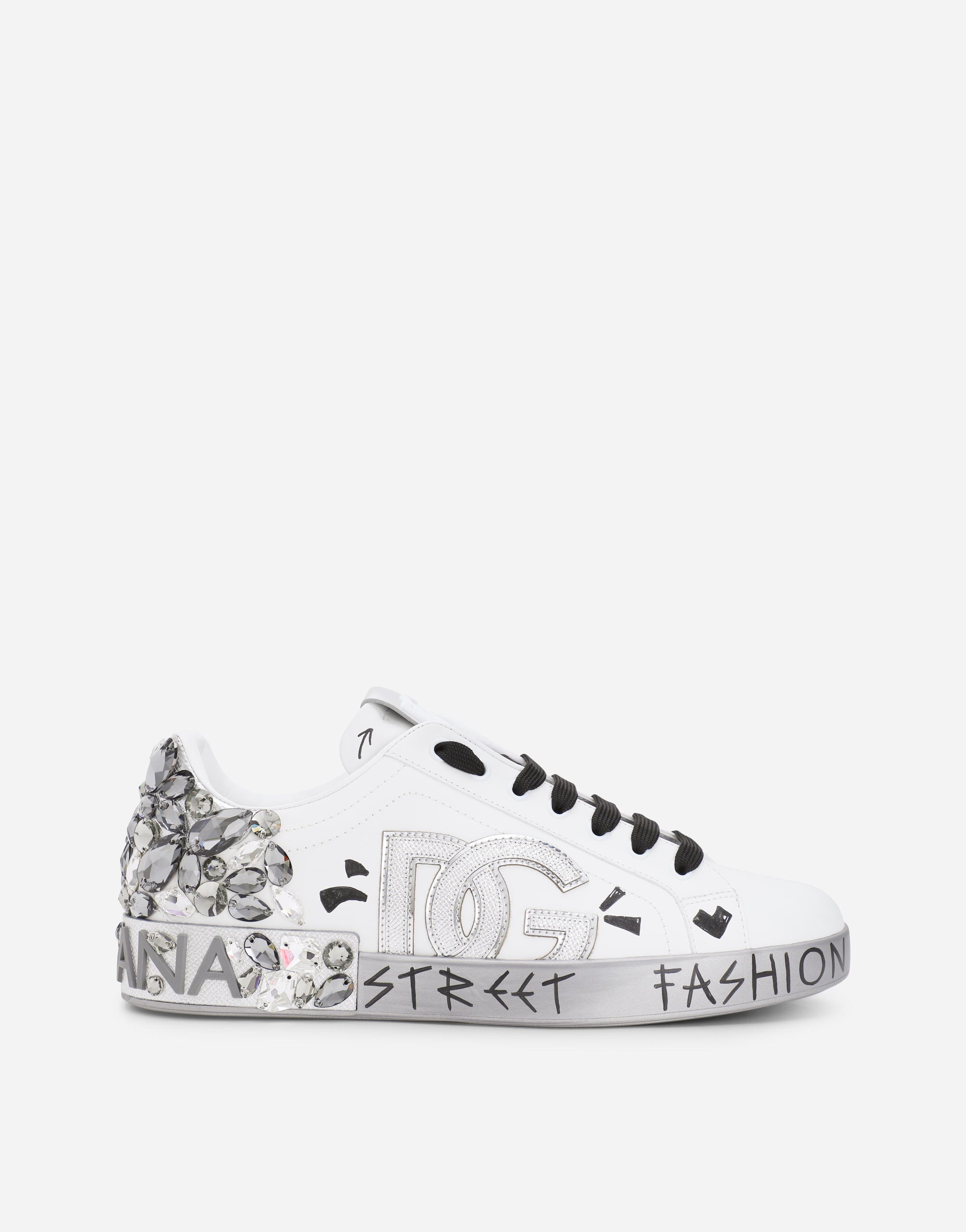 Printed calfskin nappa Portofino sneakers with DG logo and embroidery in White/Silver