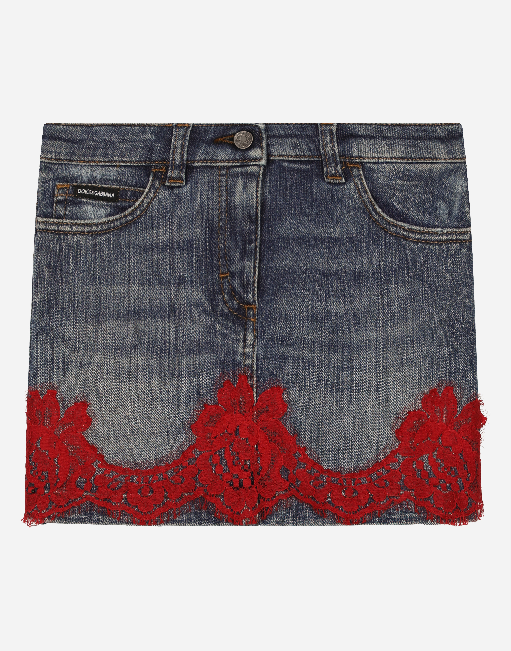Short denim skirt with lace insert in Multicolor