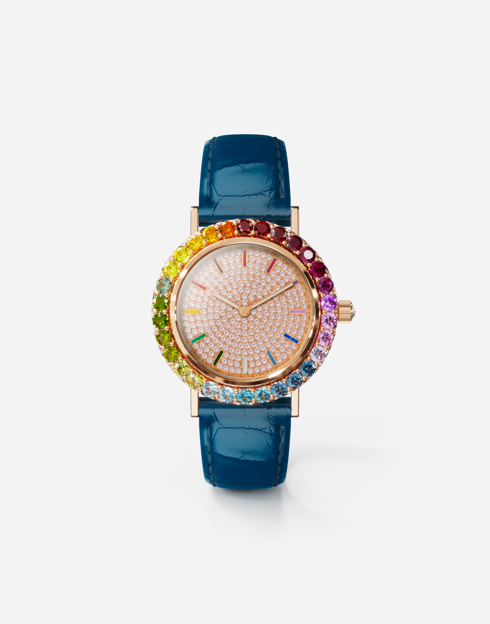 Iris watch in rose gold with multi-colored fine gems and diamonds in Blue