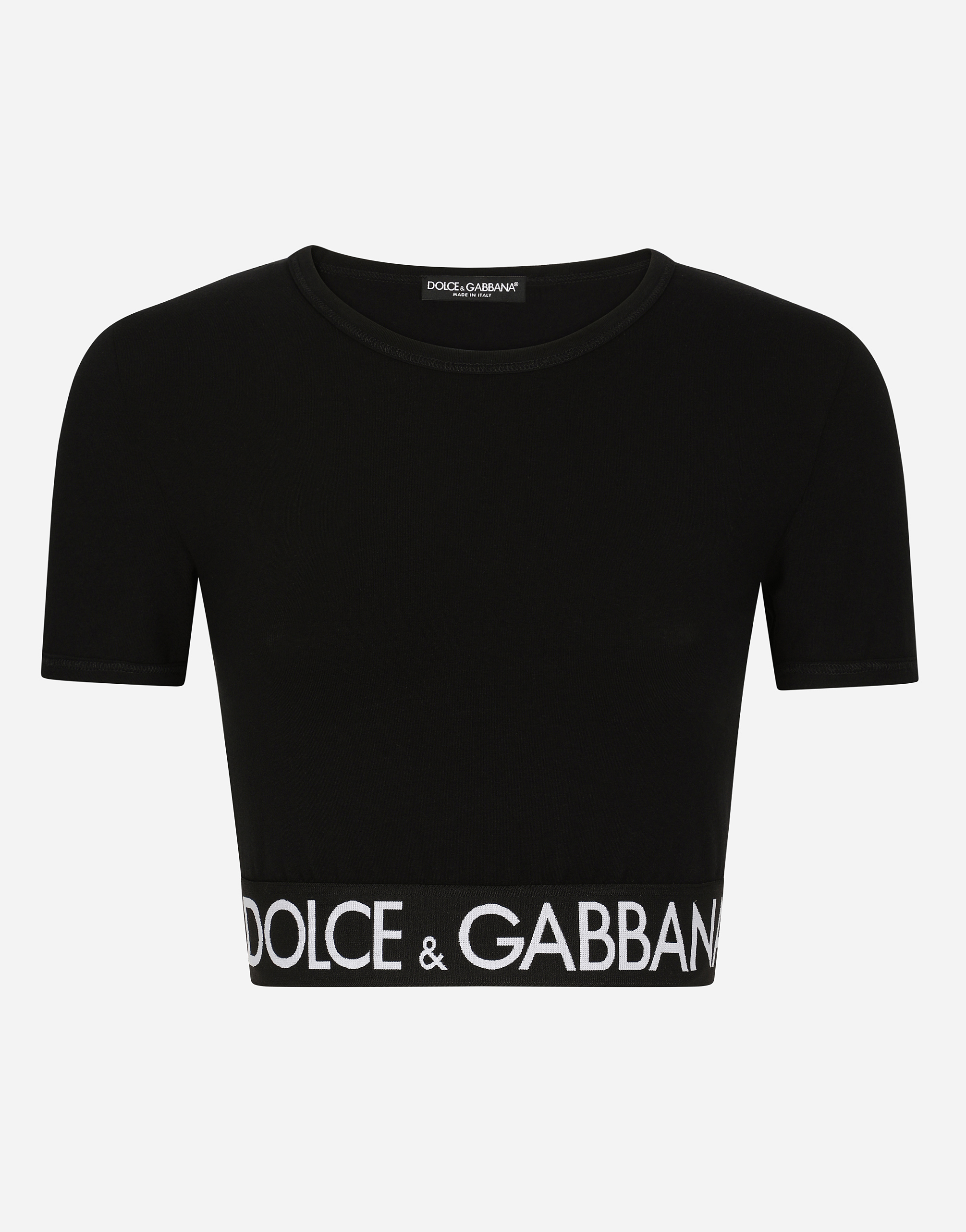 Cropped jersey T-shirt with branded elastic in Black