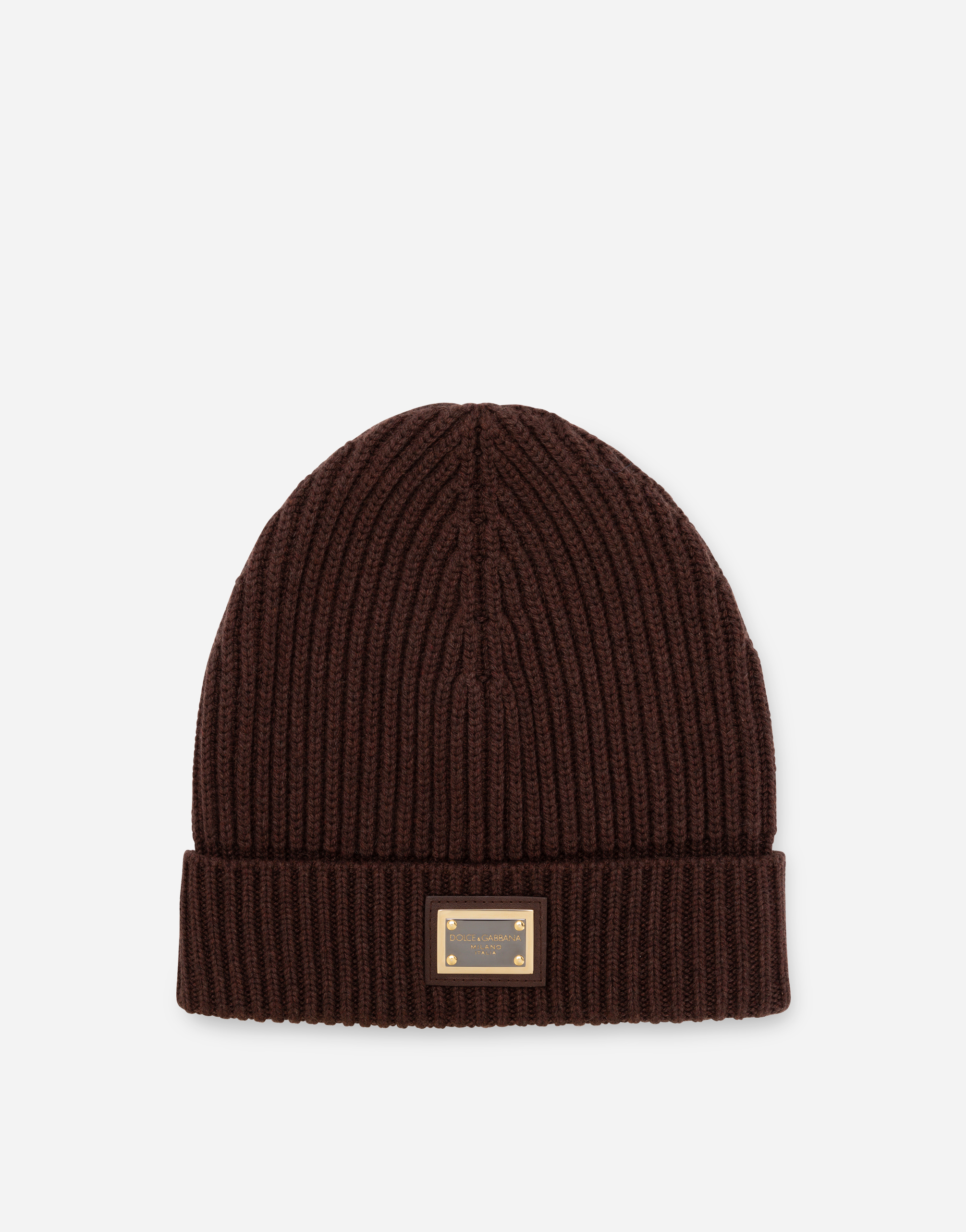 Knit cashmere hat with branded plate in Brown