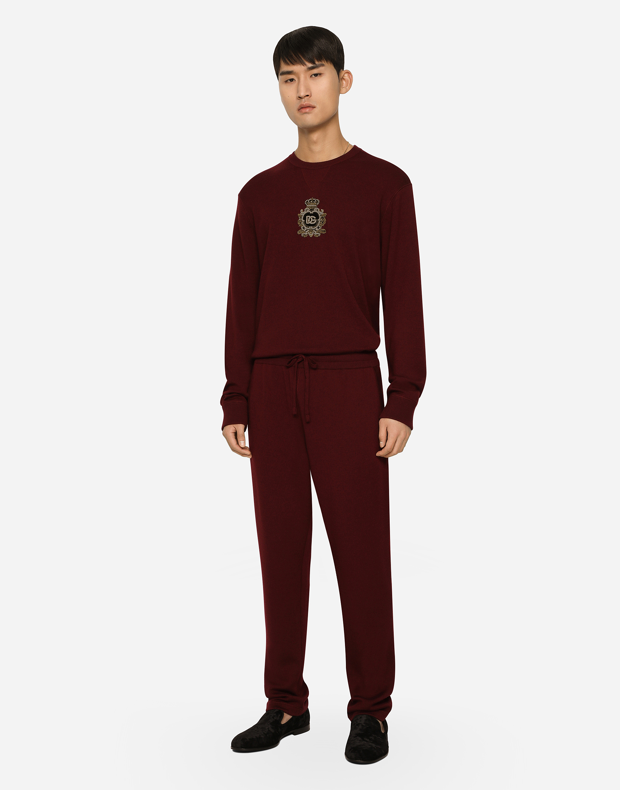 Wool and cashmere knit jogging pants in Bordeaux