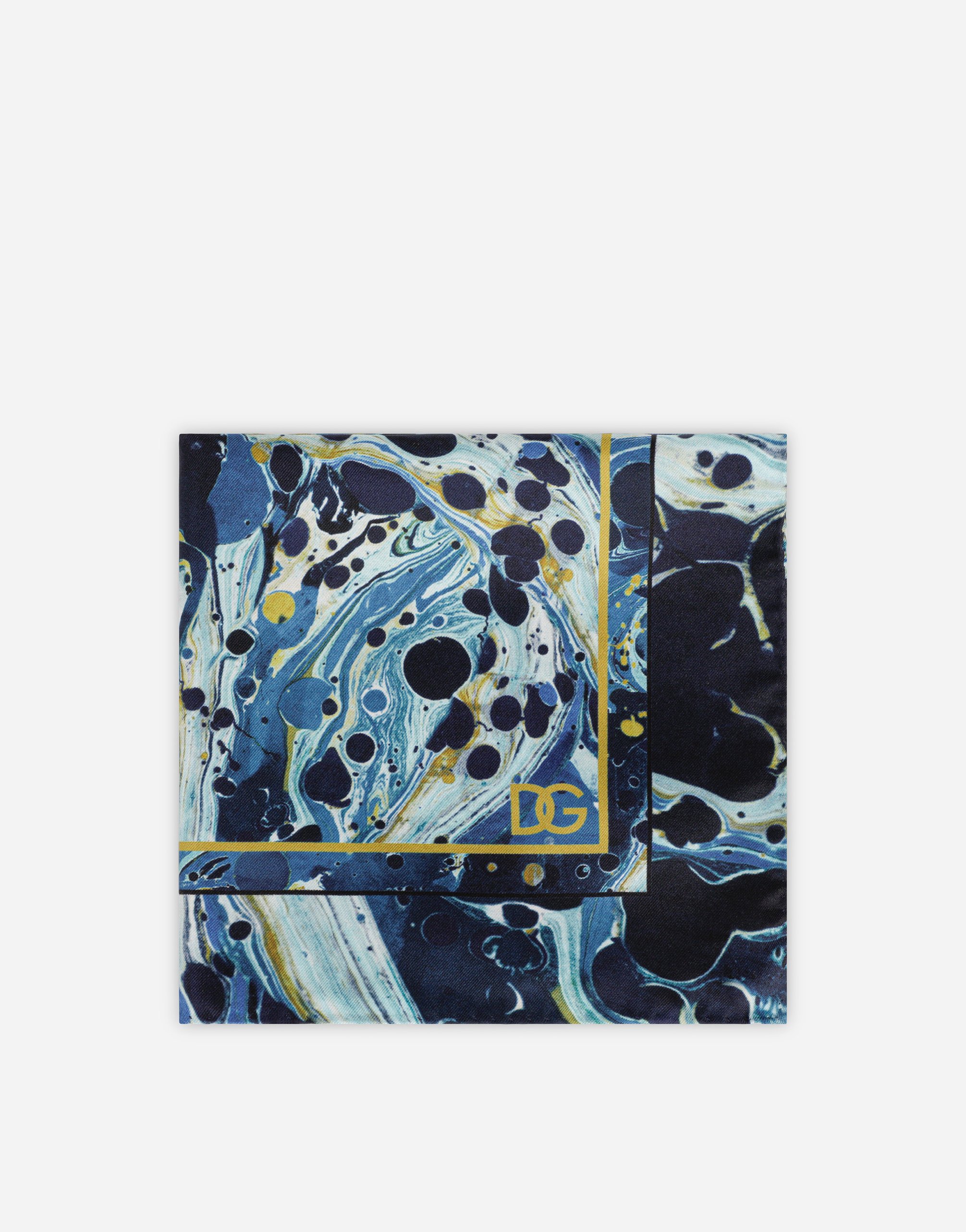 Silk pocket square with blue marbled print in Multicolor
