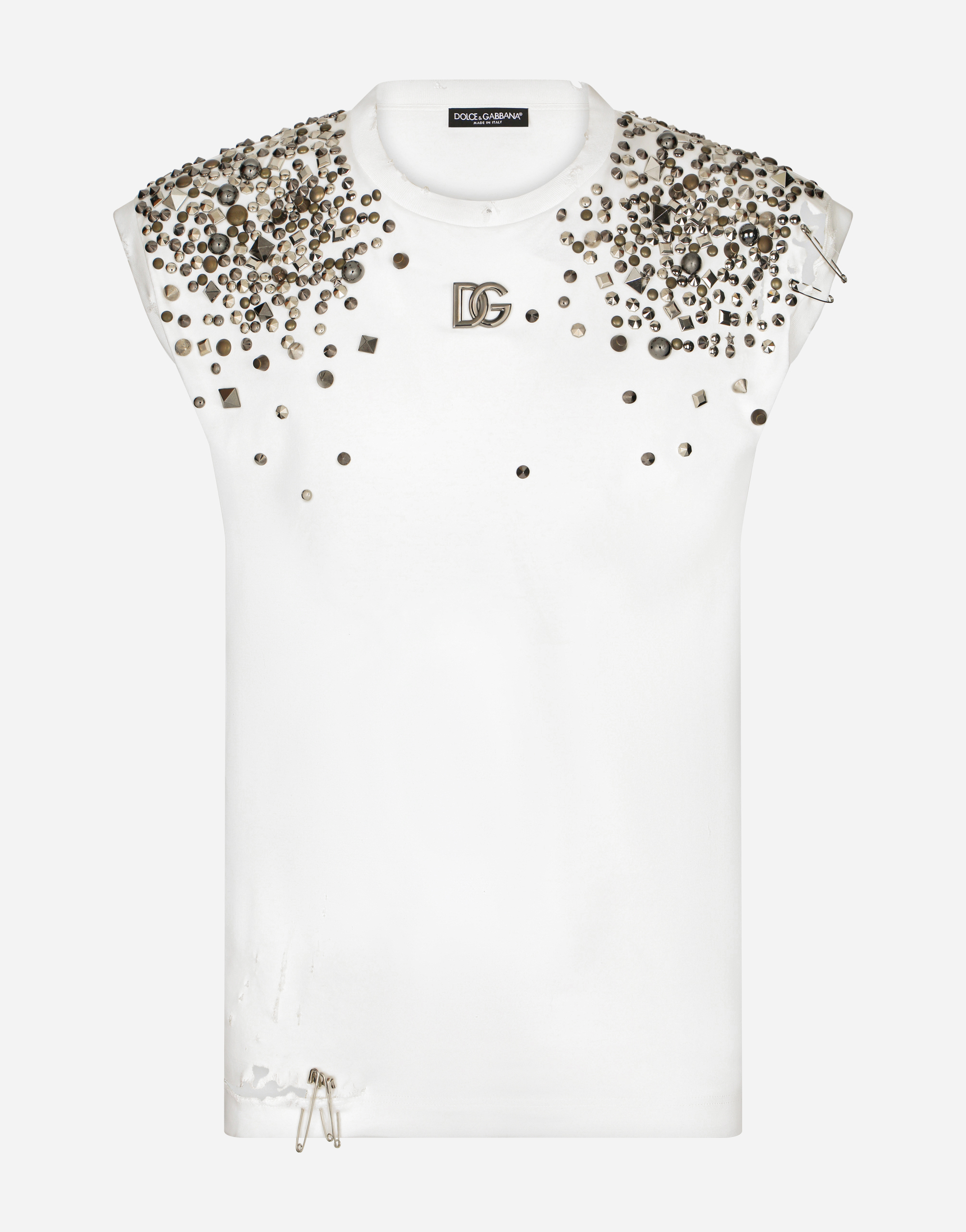 Sleeveless printed cotton T-shirt with studs and DG patch in White