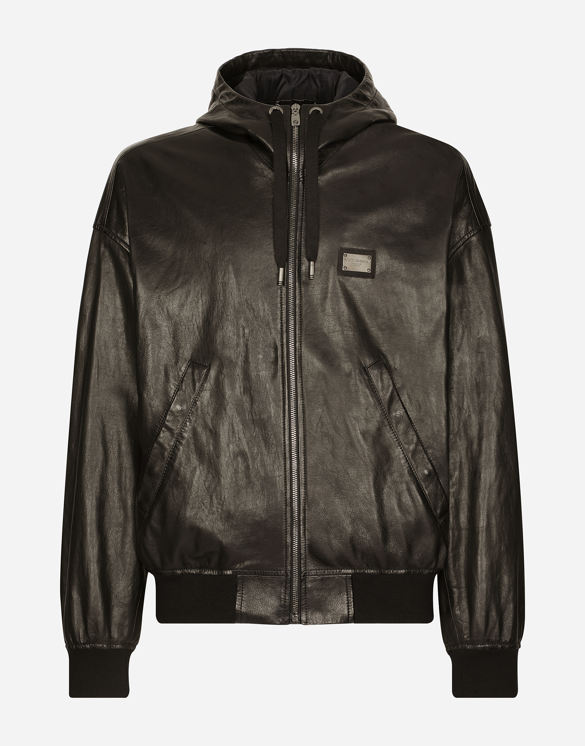 Nappa leather jacket with hood and tag in Black