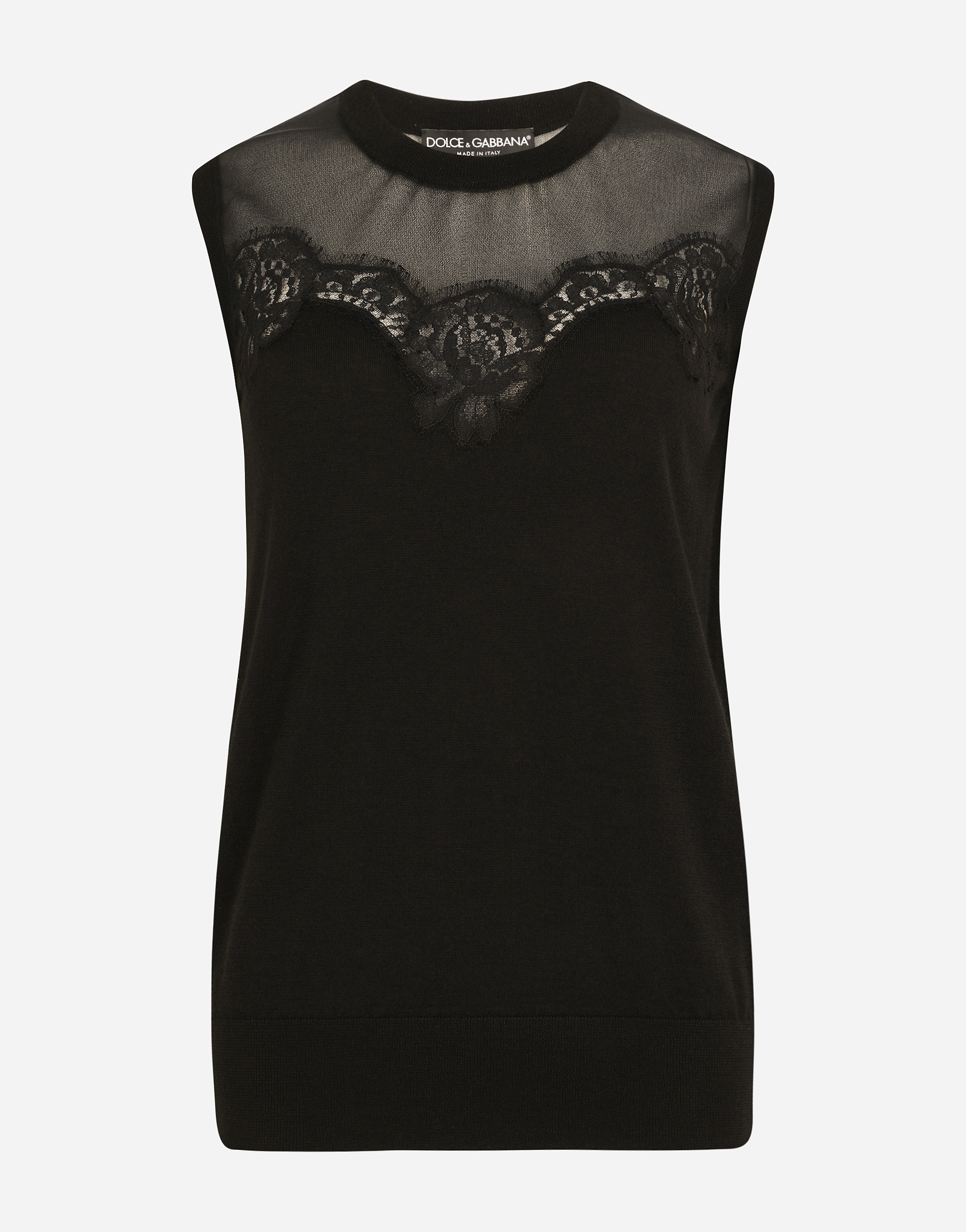 Sleeveless cashmere and silk sweater with lace in Black