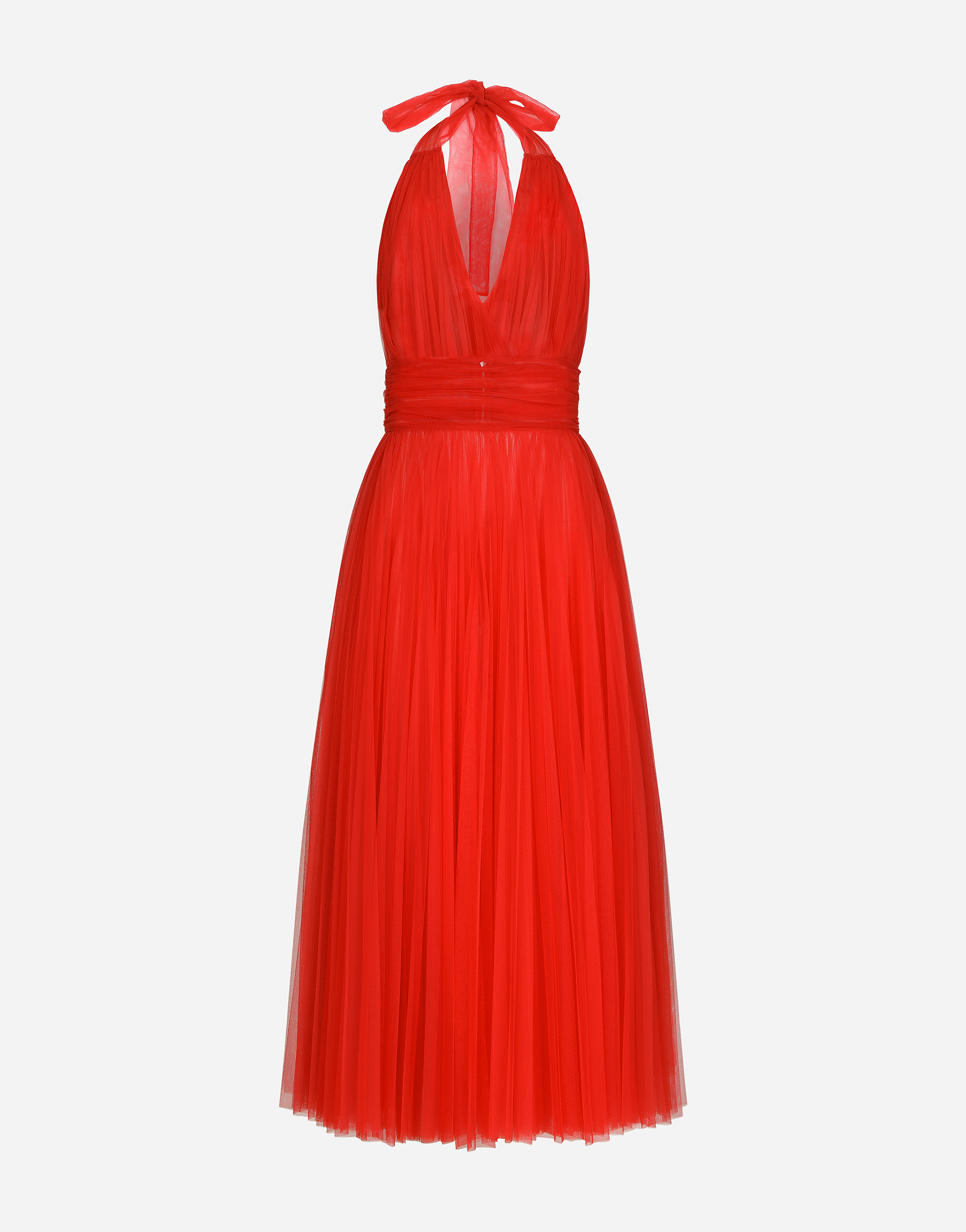 Tulle calf-length dress with sunray pleats in Red