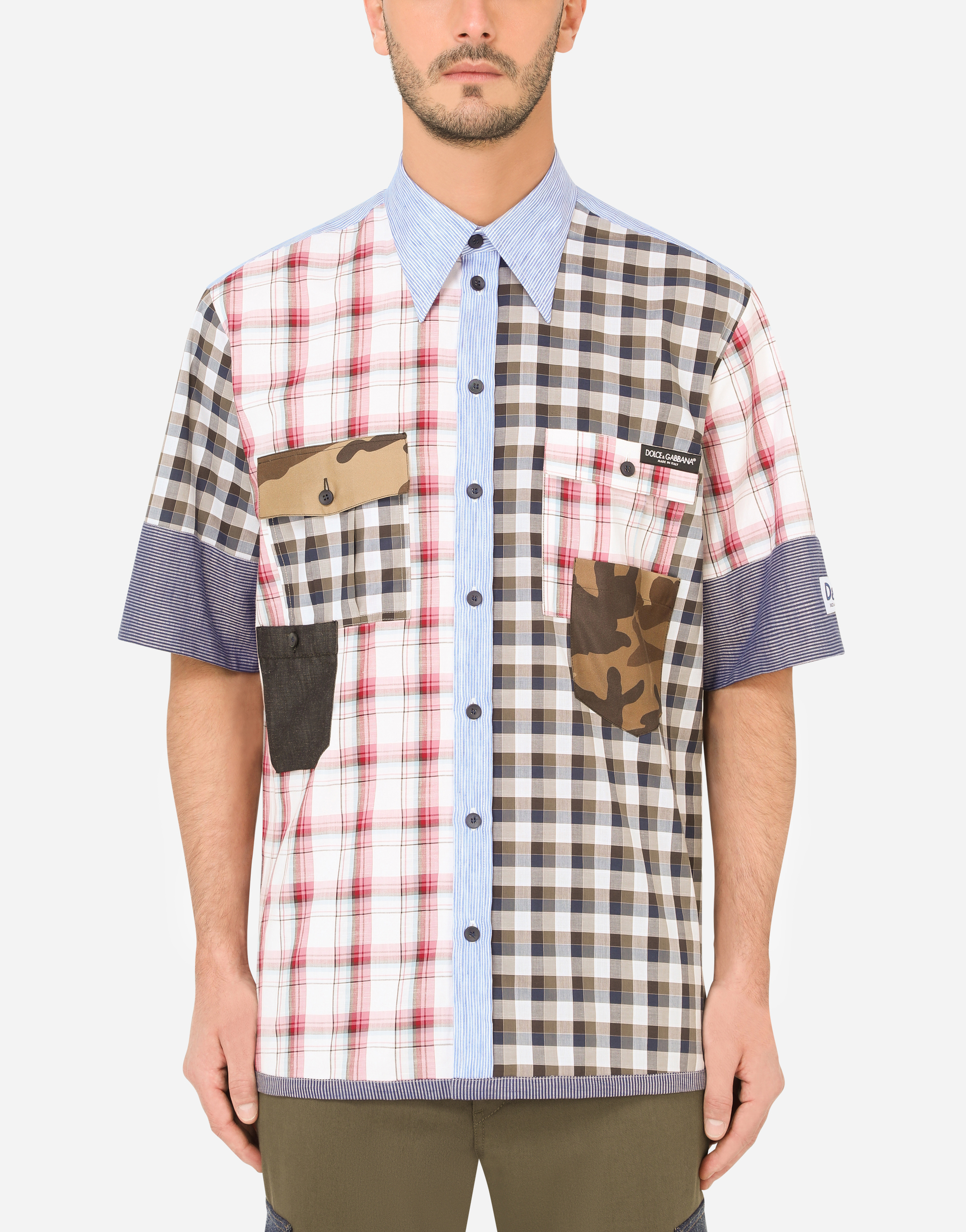 Short-sleeved mixed-fabric patchwork shirt in Multicolor
