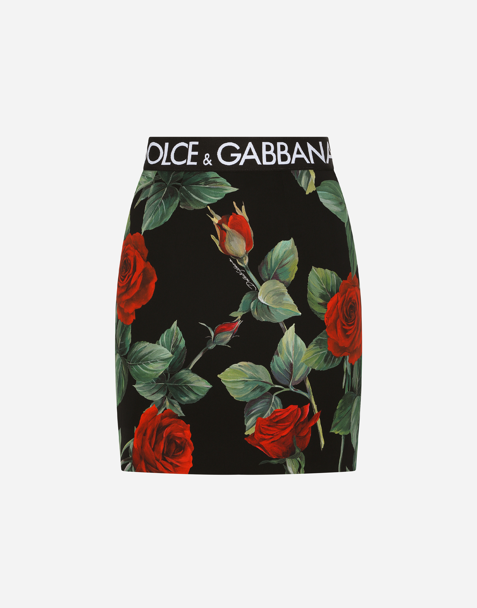 Charmeuse miniskirt with red rose print in Multicolor