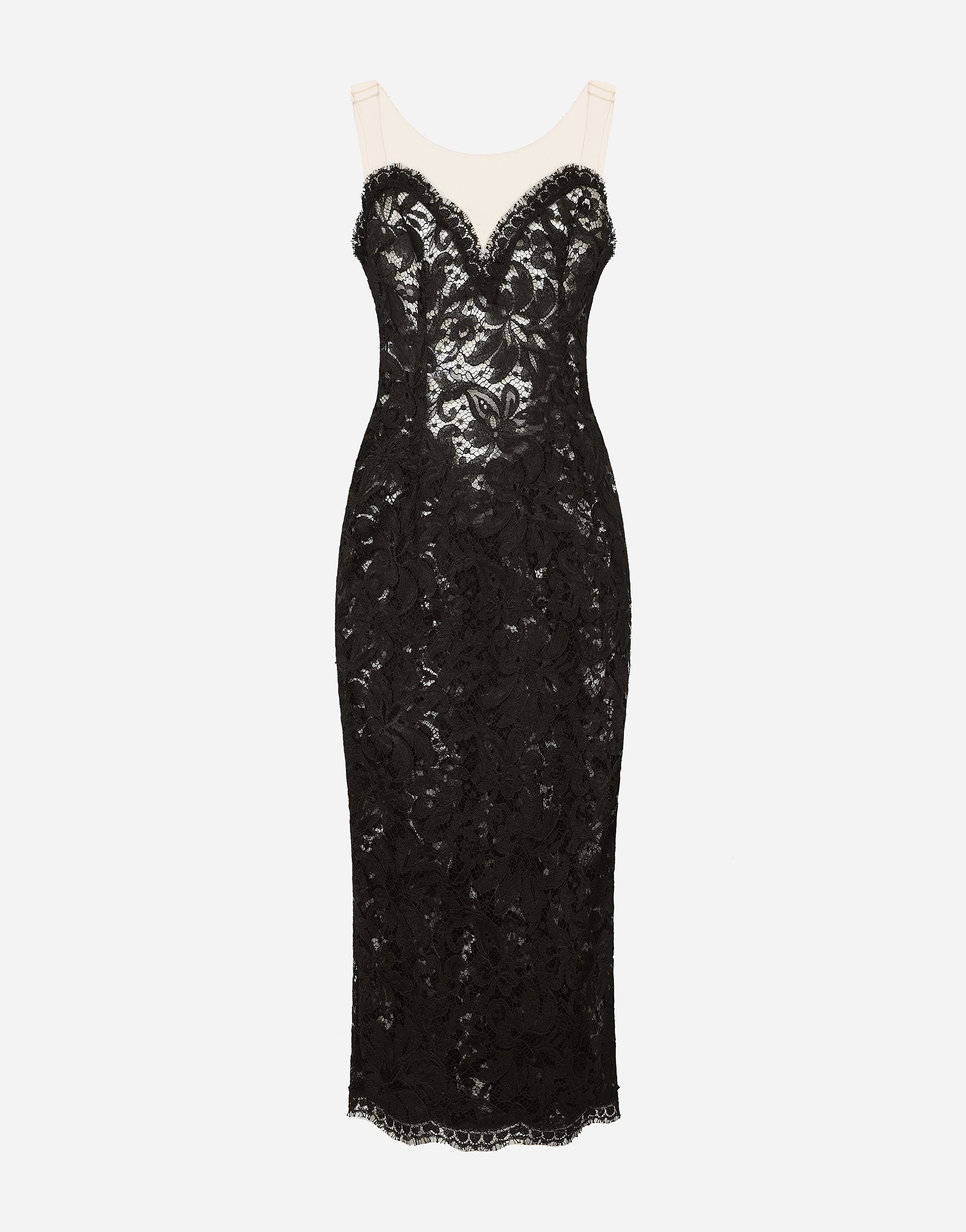Sleeveless lace and tulle calf-length dress in Black