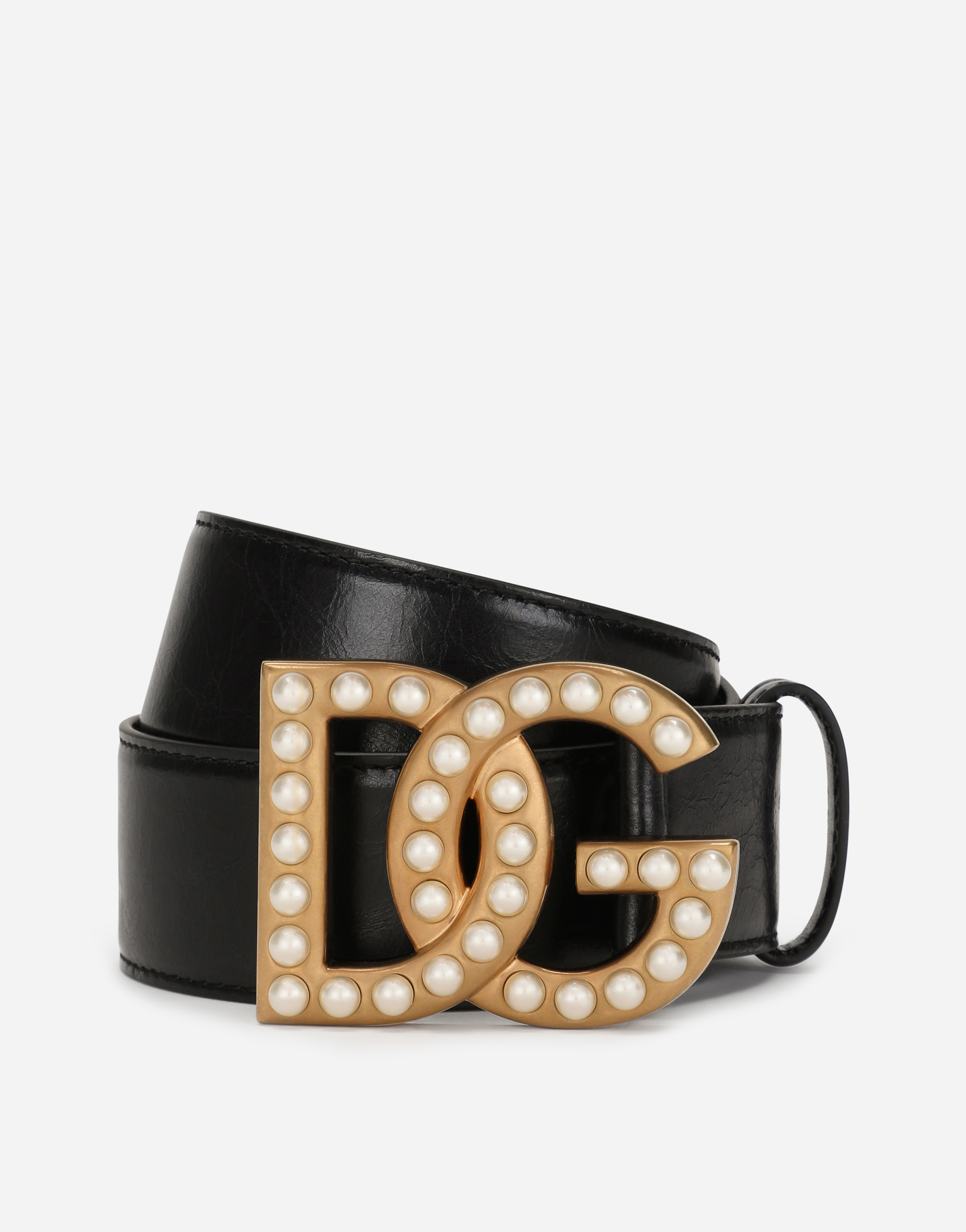 Matte nappa leather belt with pearl DG logo buckle in Multicolor