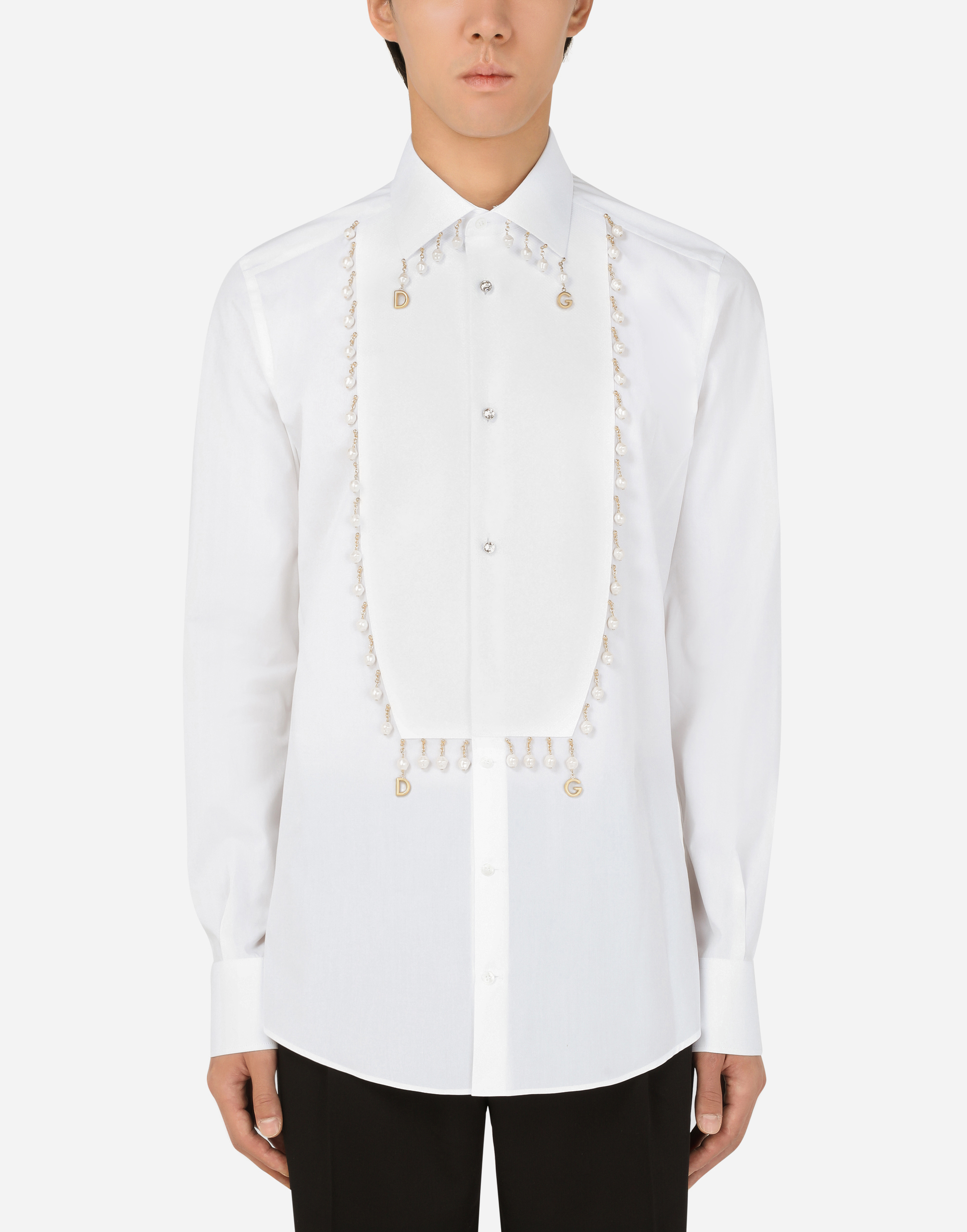 Gold-fit tuxedo shirt with pearl pendants and DG logo in White