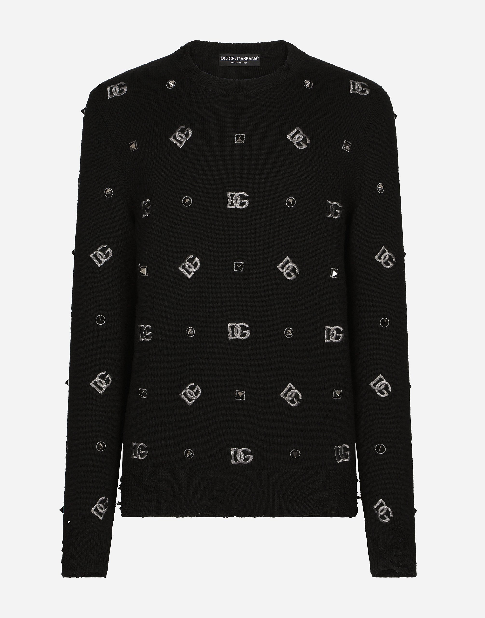 Wool round-neck sweater with DG embroidery and studs in Black
