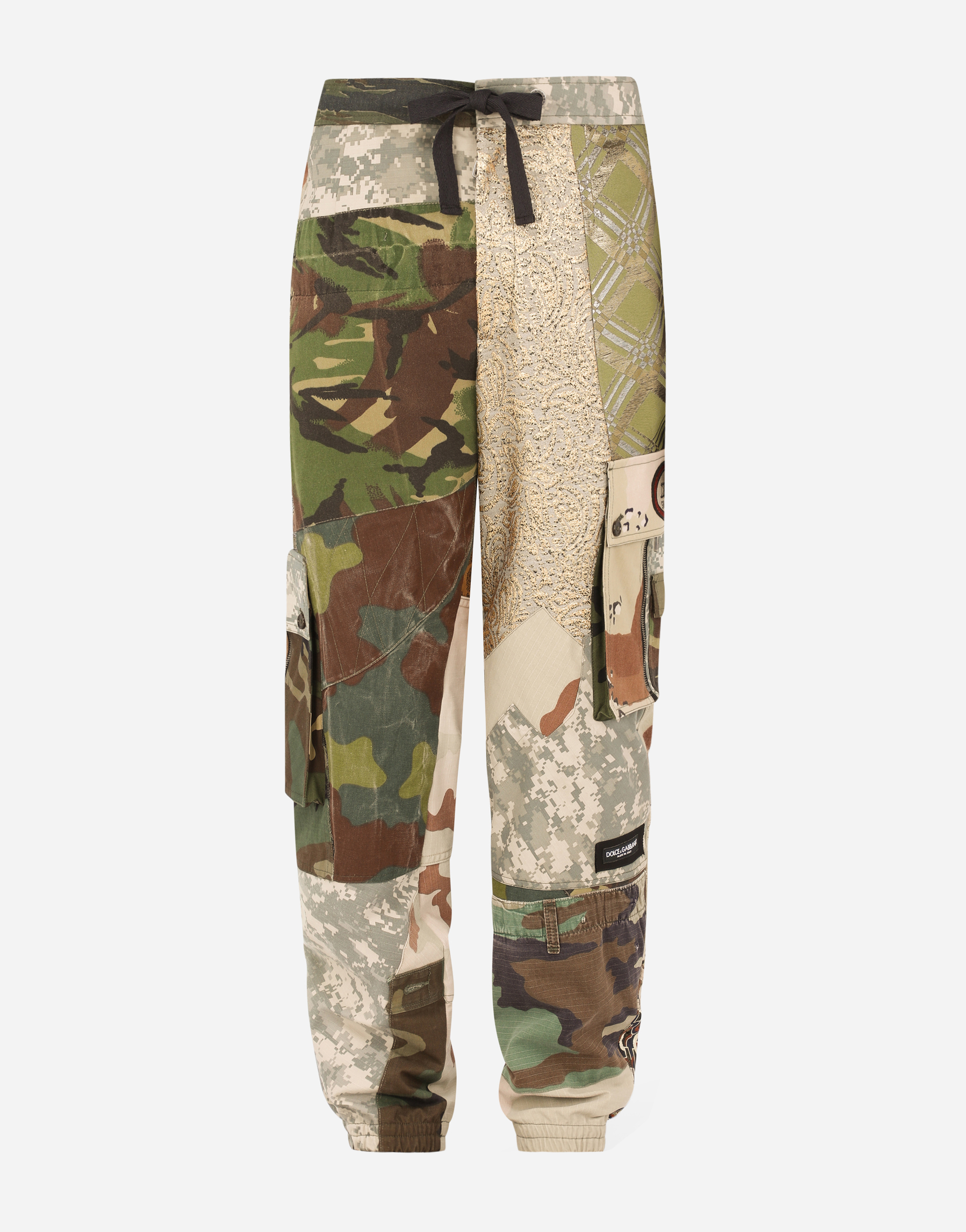 Camouflage patchwork cargo pants with patch embellishment in Multicolor