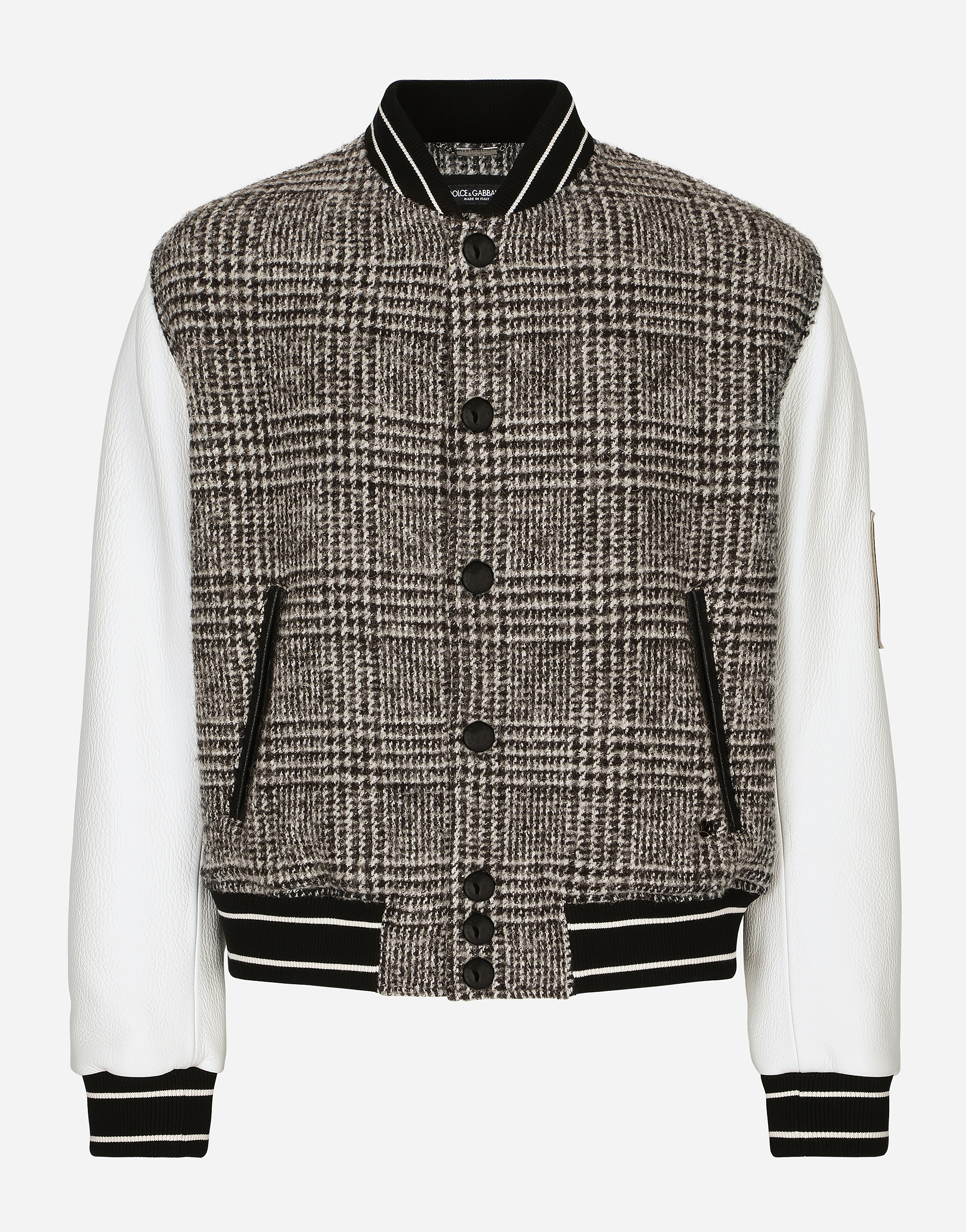 Leather and glen plaid wool jacket with patch in Multicolor