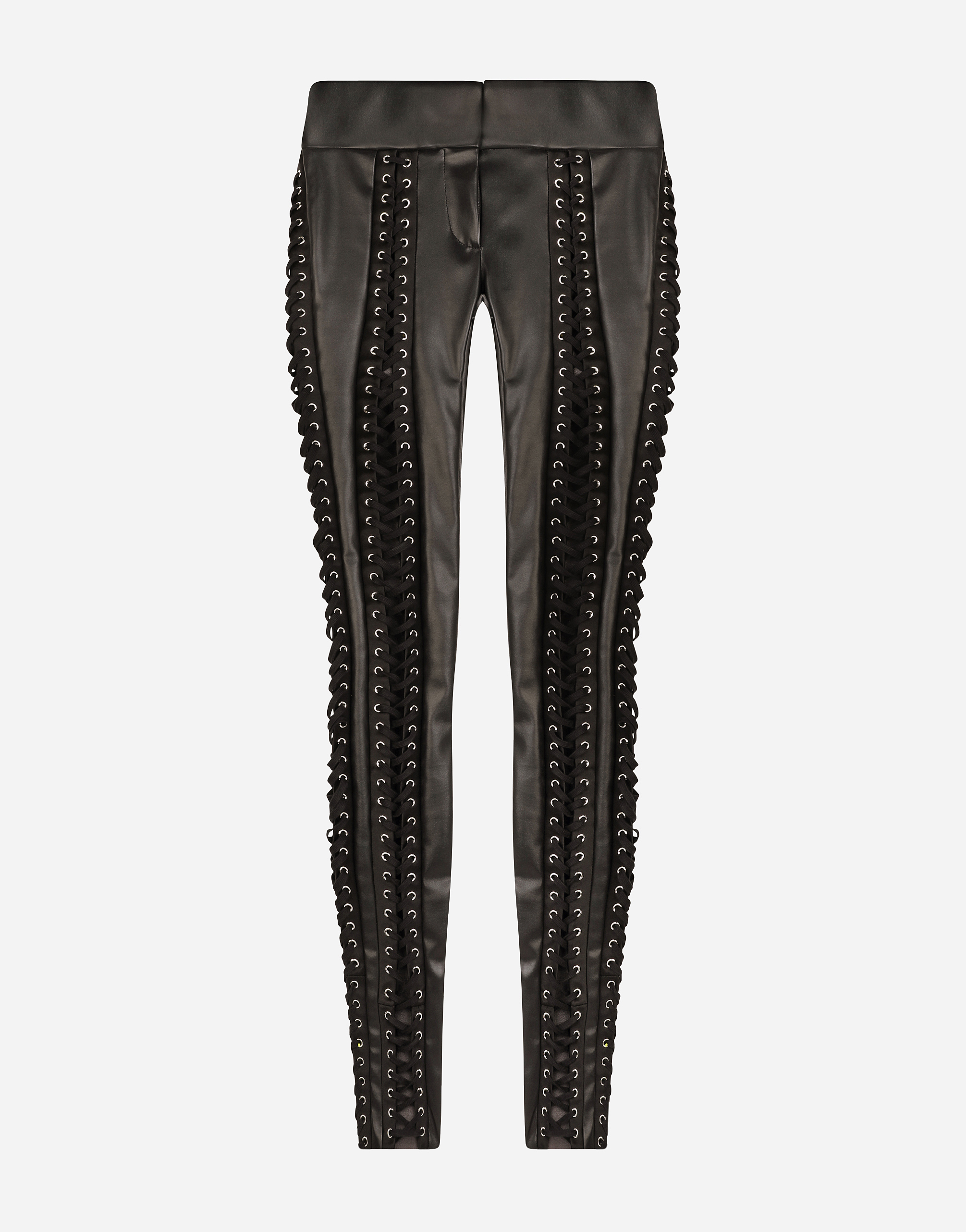 Faux leather pants with lacing and eyelets in Black