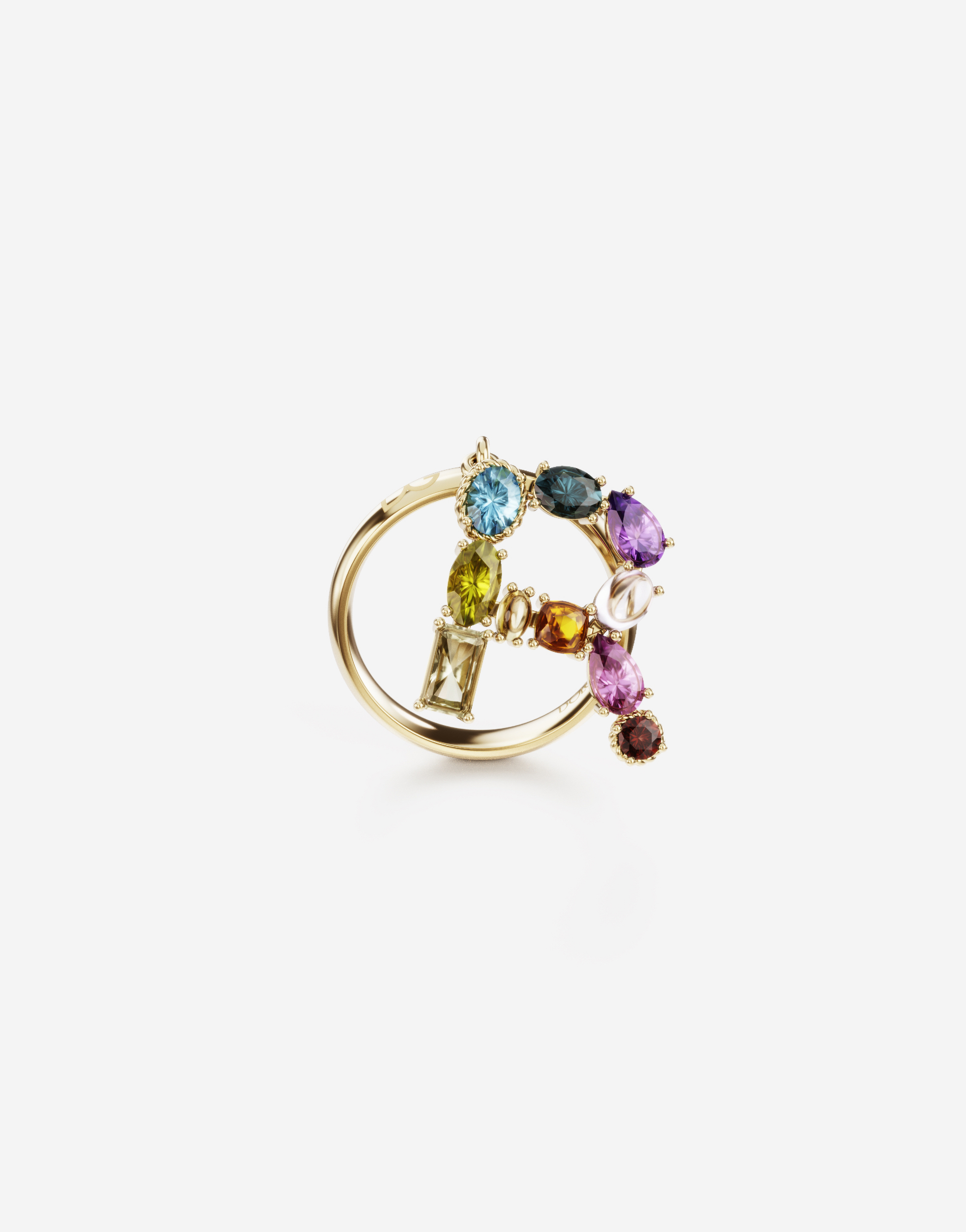 Rainbow alphabet R ring in yellow gold with multicolor fine gems in Gold