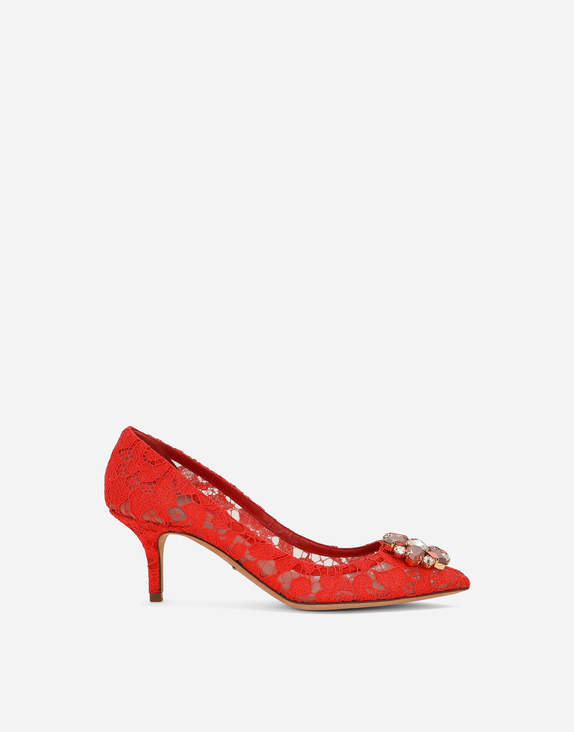 Lace rainbow pumps with brooch detailing in Red