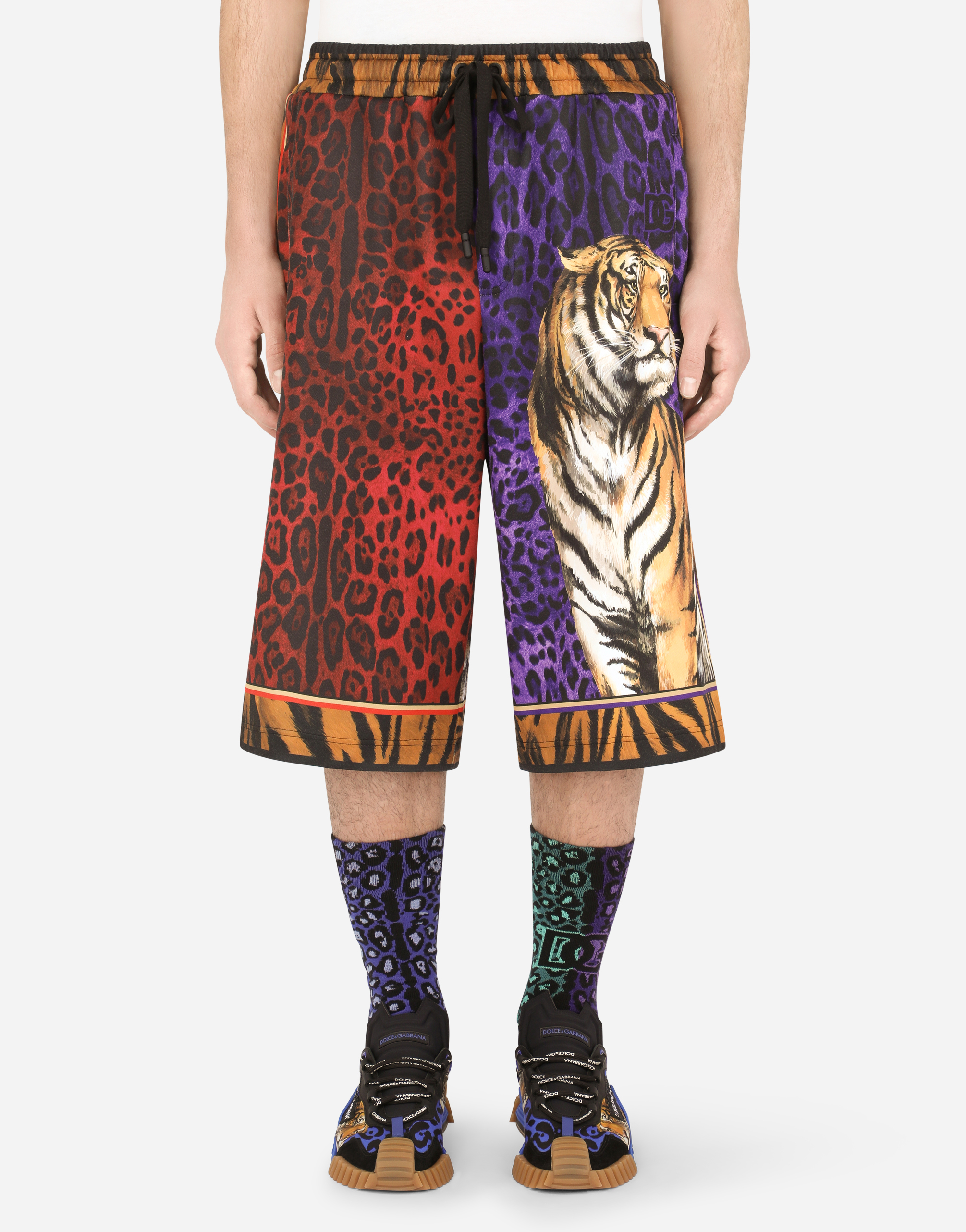 Technical jersey jogging shorts with tiger print in Multicolor