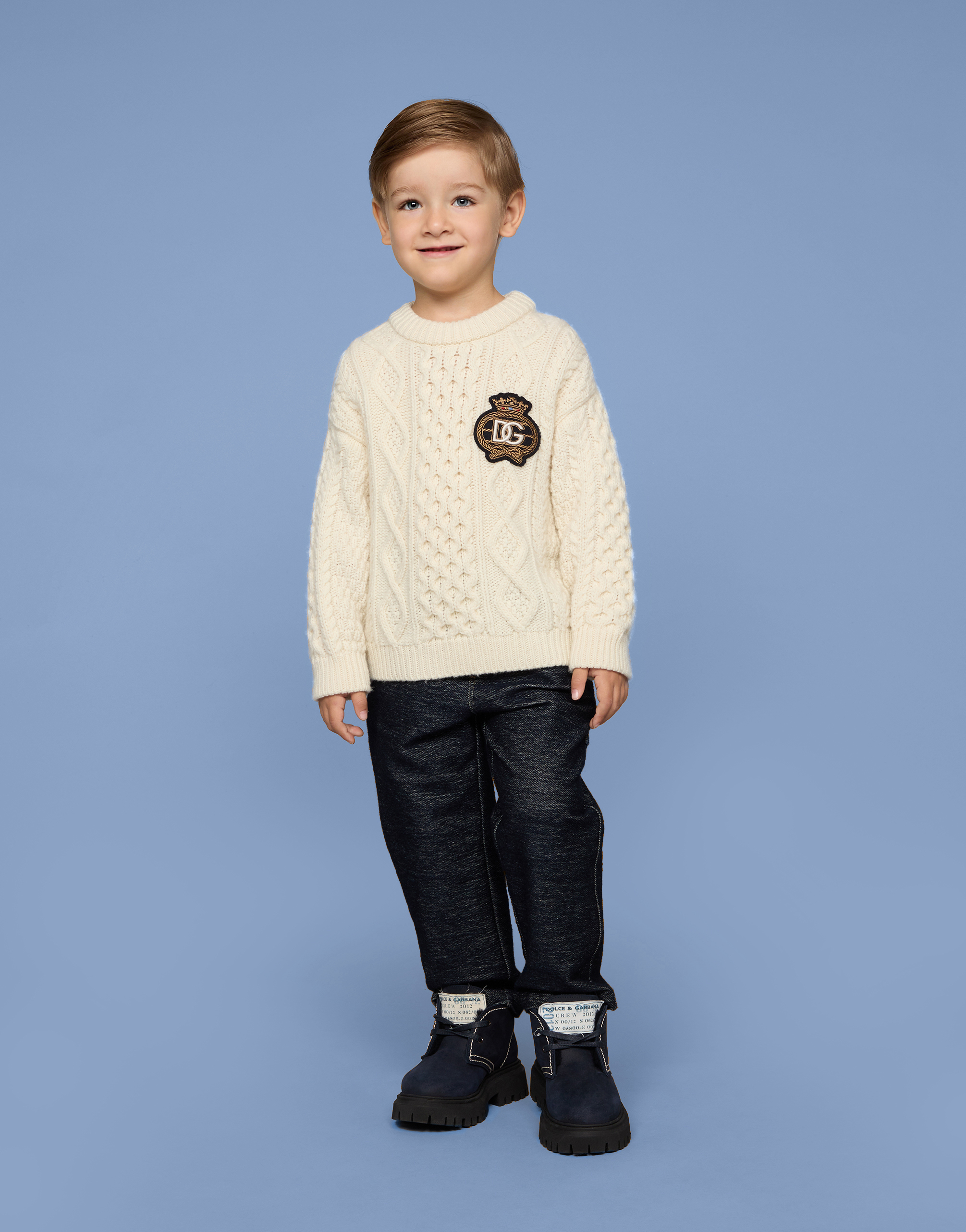 Cable-knit round-neck pullover with DG patch in White