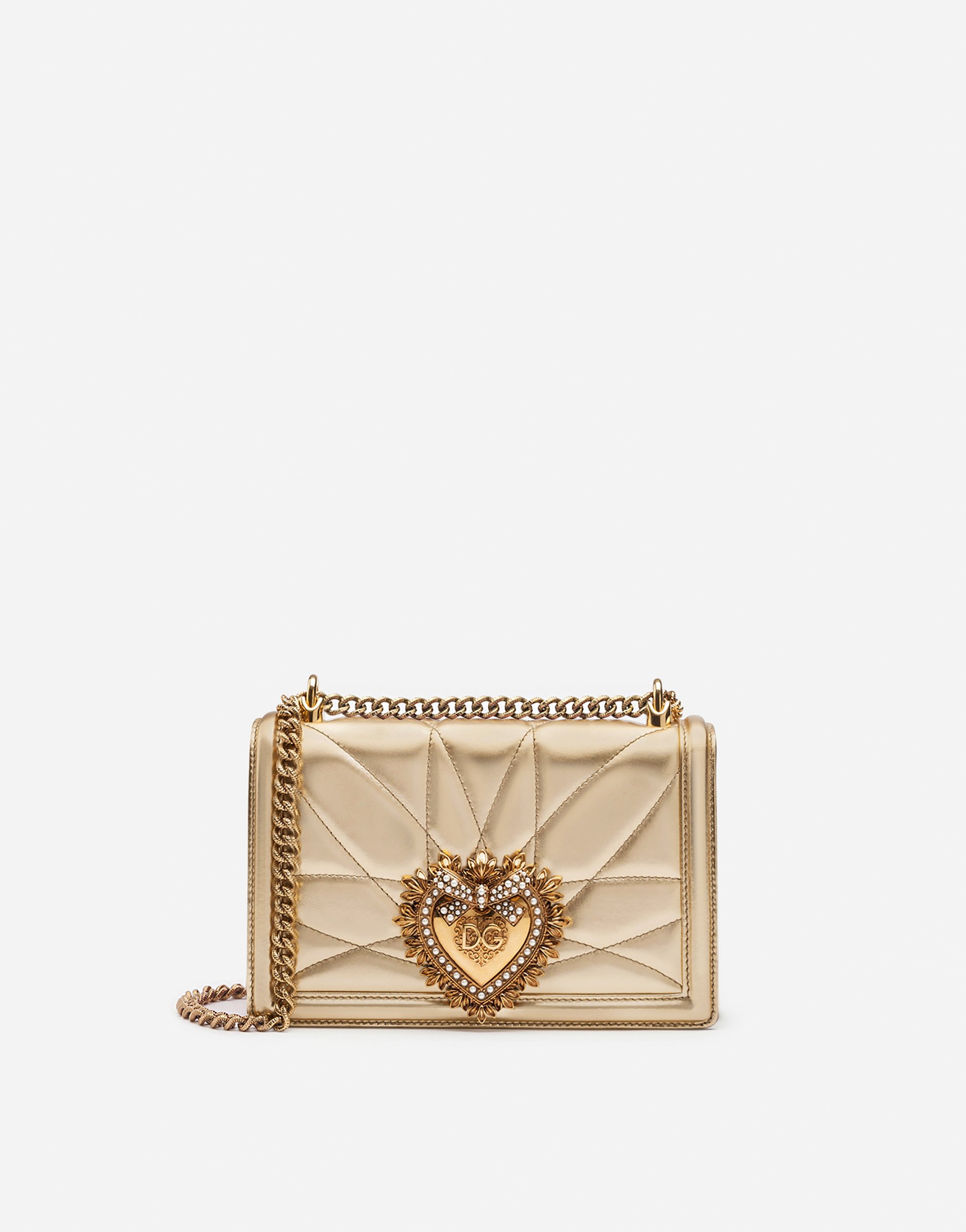 Medium Devotion crossbody bag in quilted nappa mordore leather in Gold