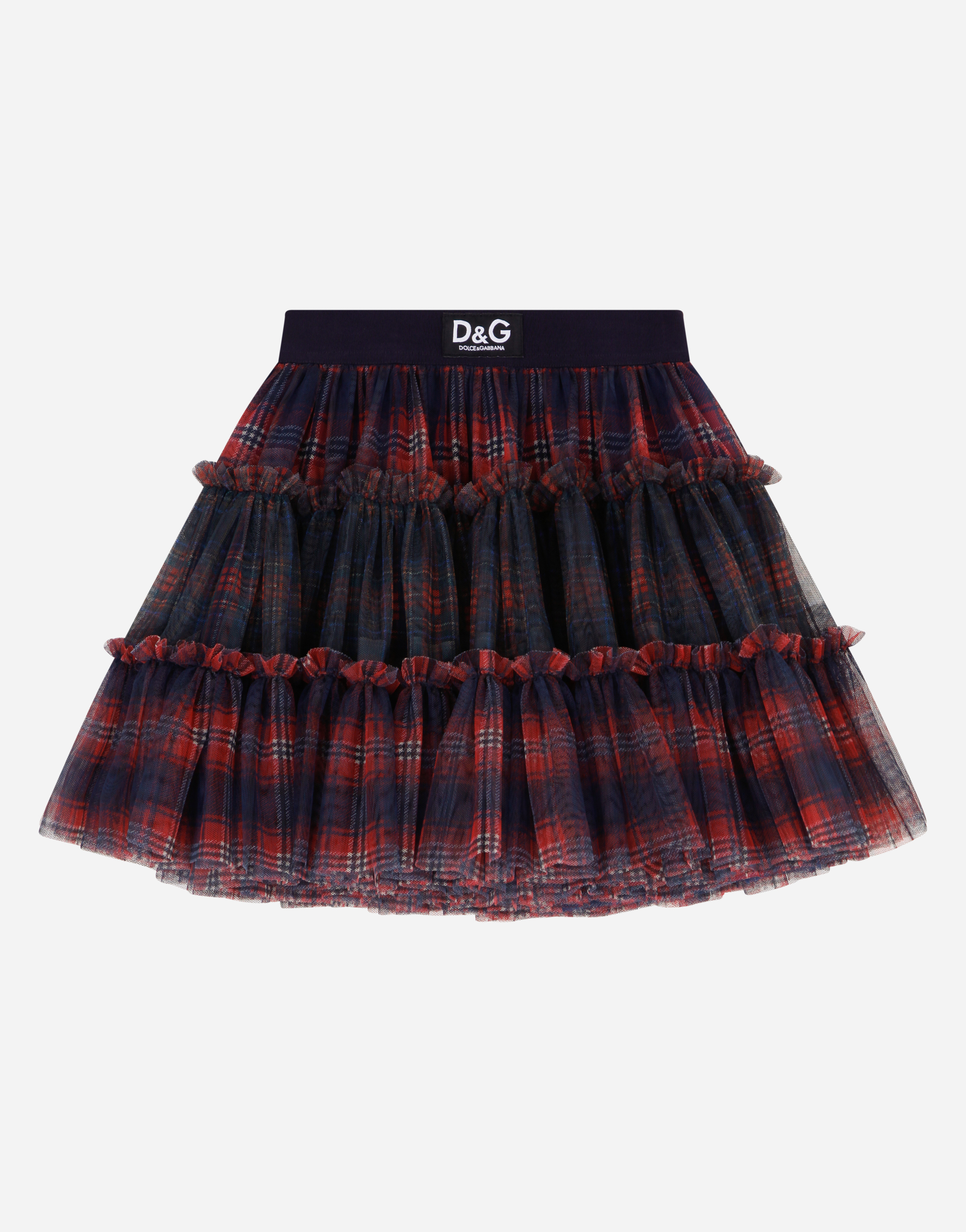 Tulle multi-layered midi skirt with tartan print in Multicolor
