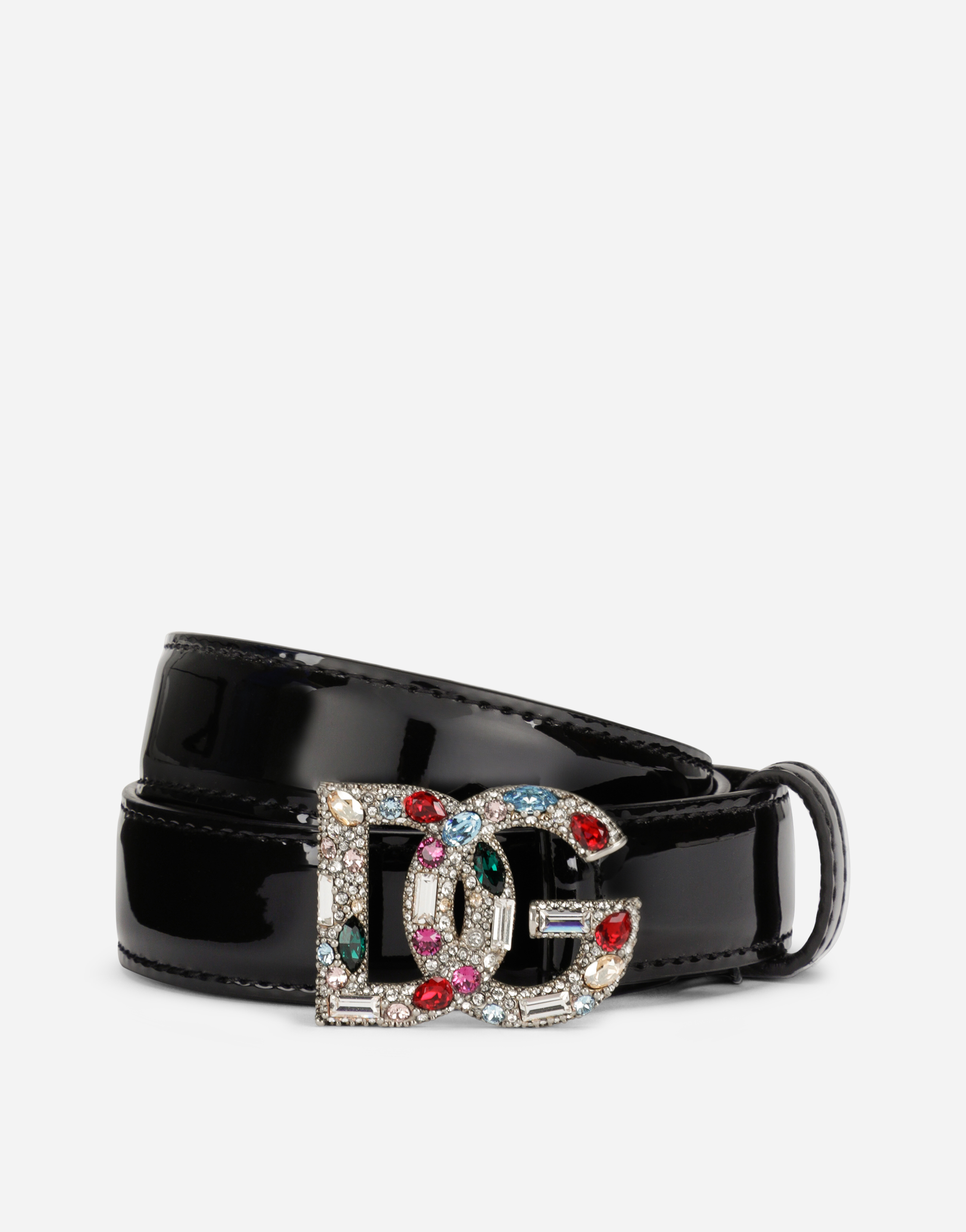 Patent leather belt with crystal-detailed DG logo in Black