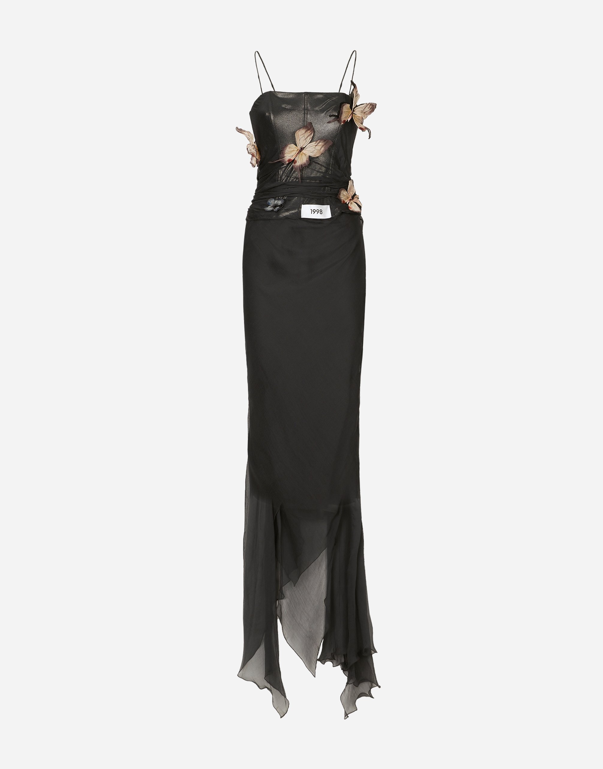 Shop Dolce & Gabbana Long Chiffon Dress With Butterflies In Grey