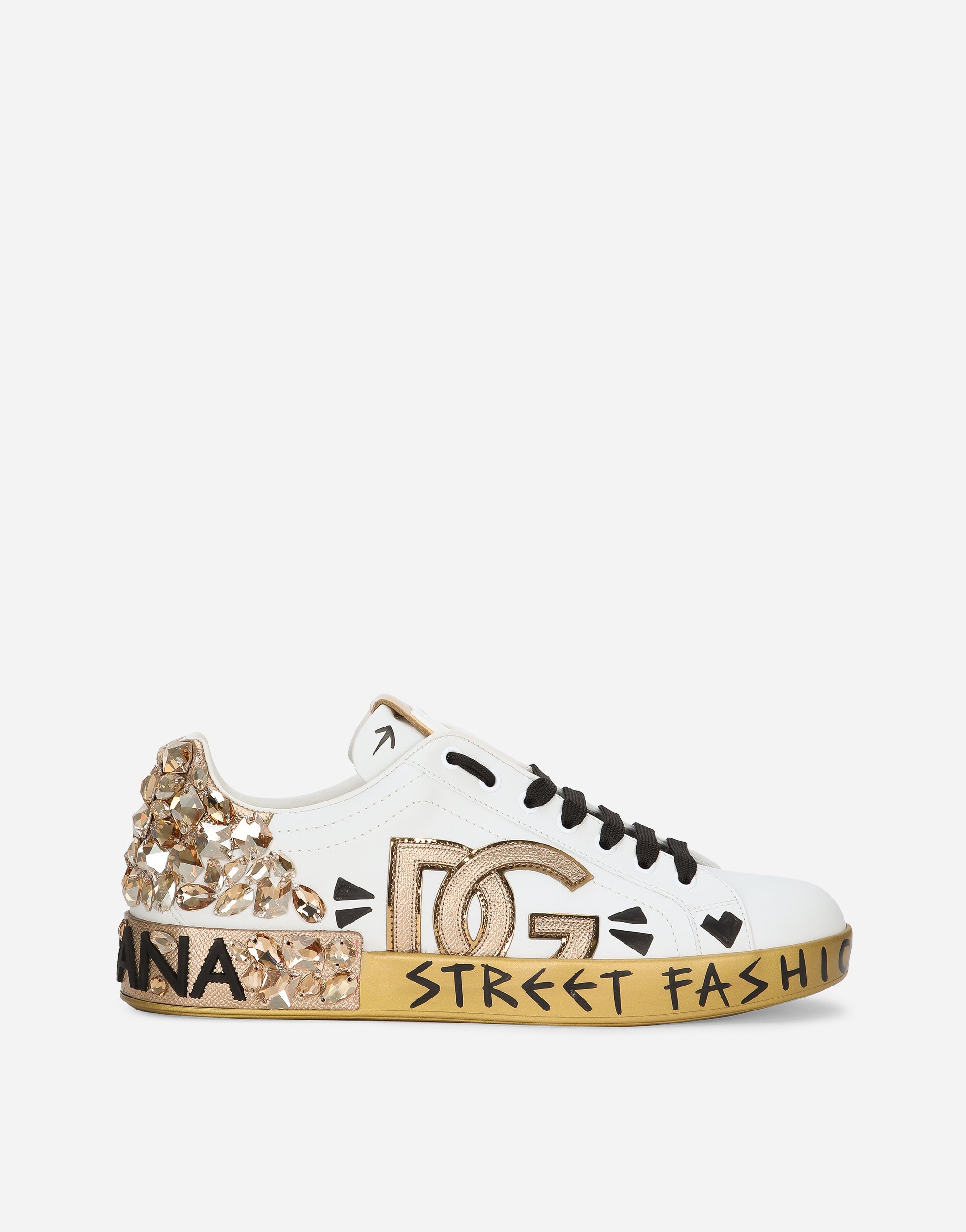 Printed calfskin nappa Portofino sneakers with DG logo and embroidery in White