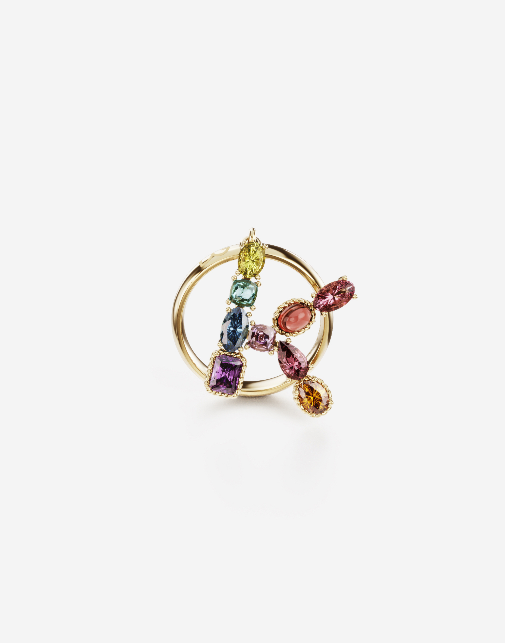 Rainbow alphabet K ring in yellow gold with multicolor fine gems in Gold