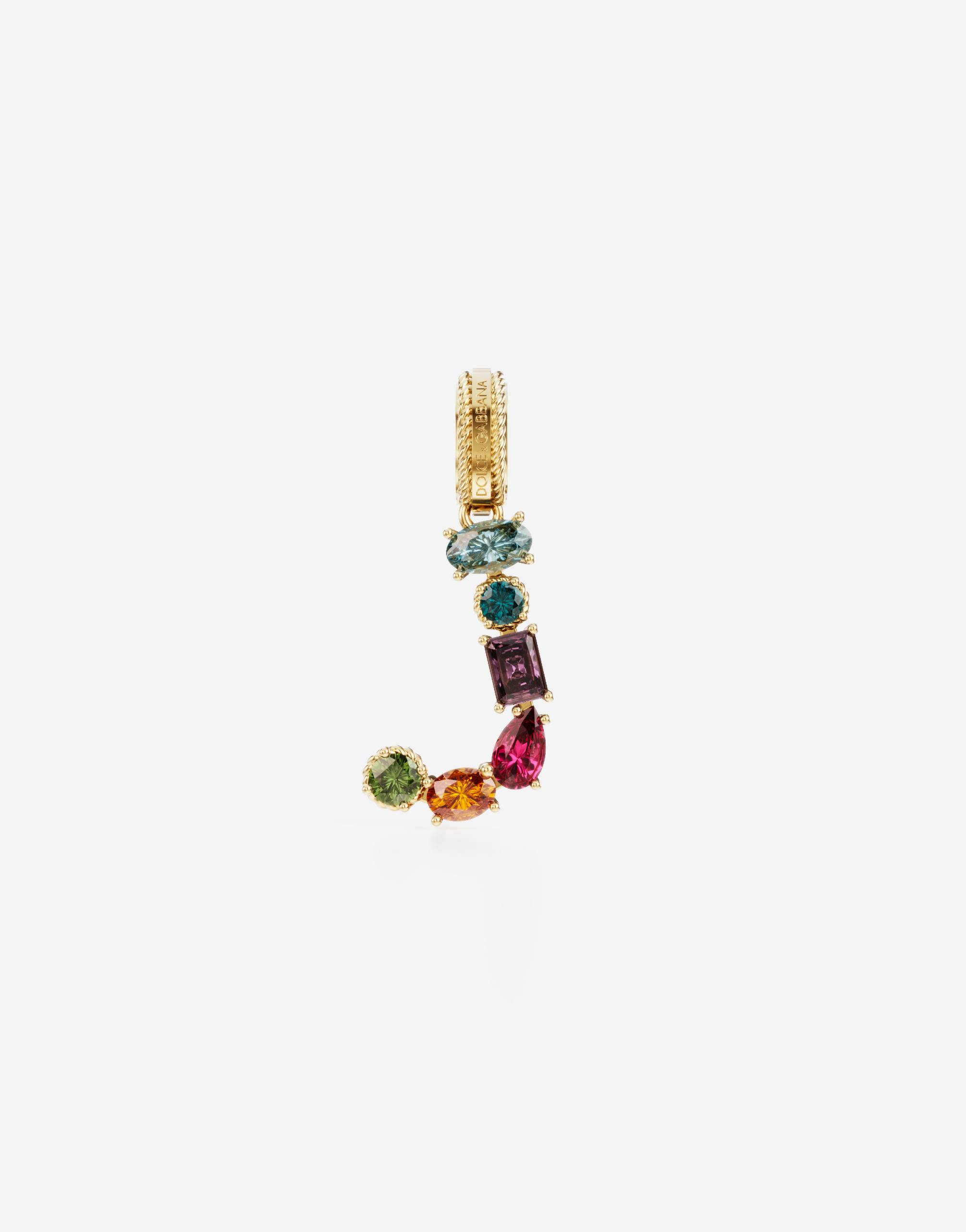 Rainbow alphabet J 18 kt yellow gold charm with multicolor fine gems in Gold