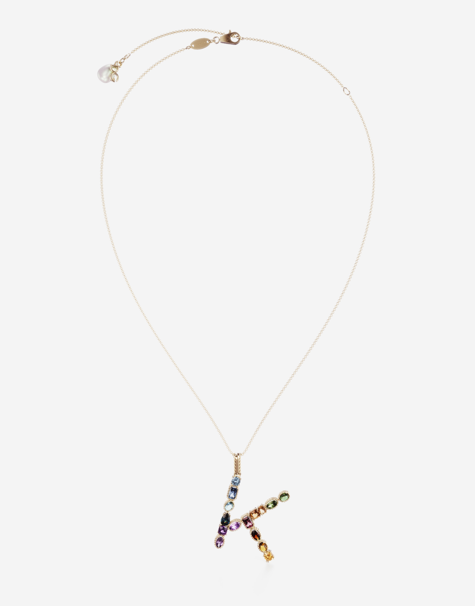 Rainbow alphabet K pendant in yellow gold with multicolor fine gems in Gold