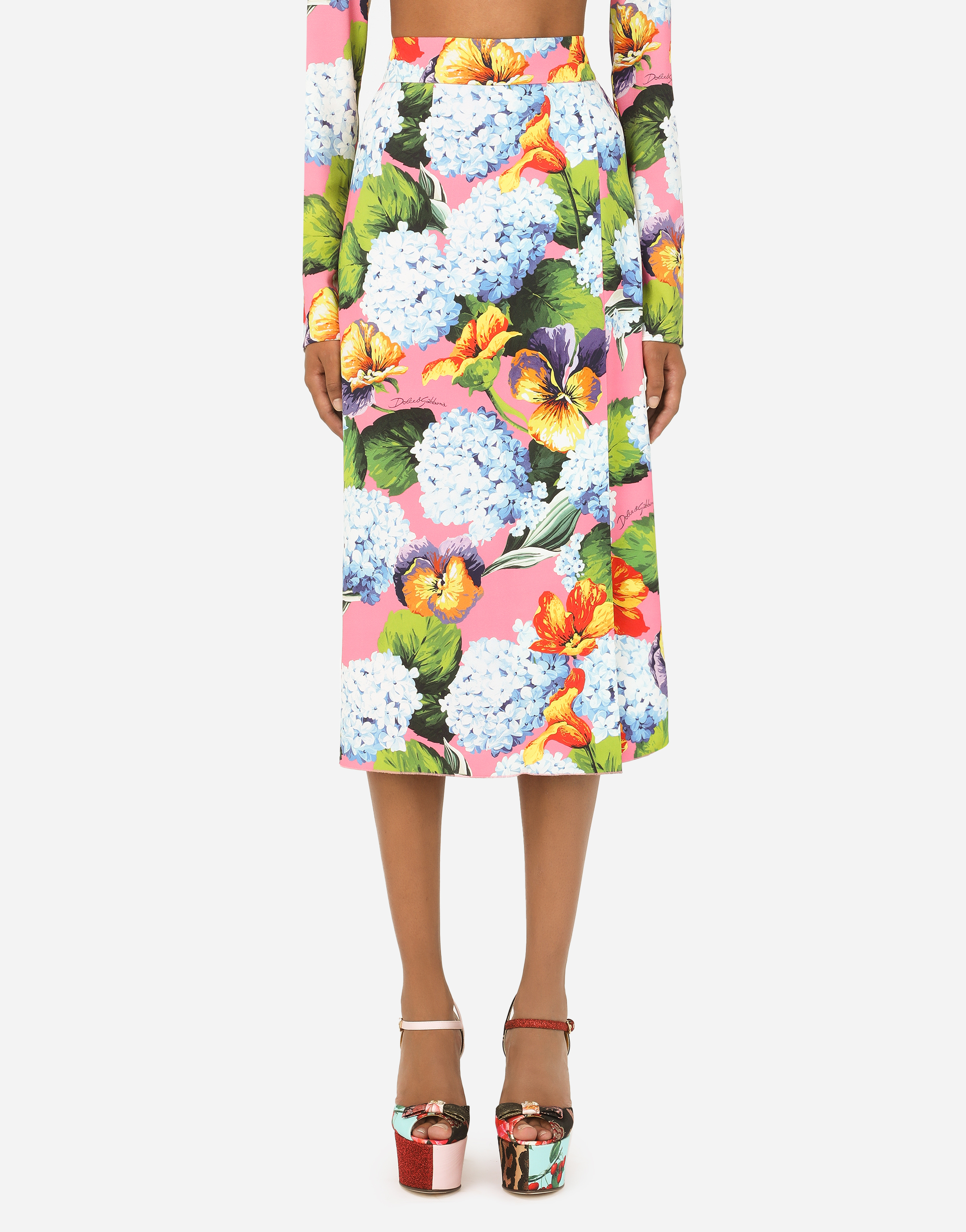 Hydrangea-print cady pencil skirt in Multicolor