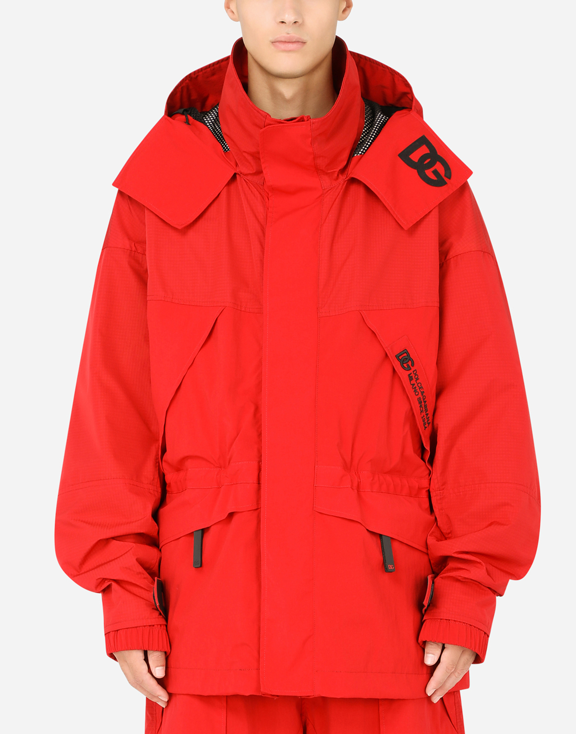 Cordura jacket with hood and patch in Red