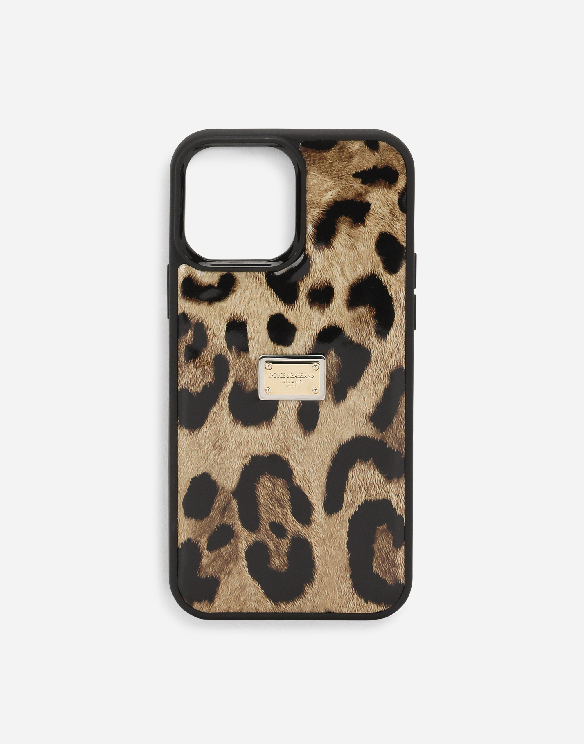 Leopard-print polished calfskin iPhone 14 Pro Max cover in Animal Print