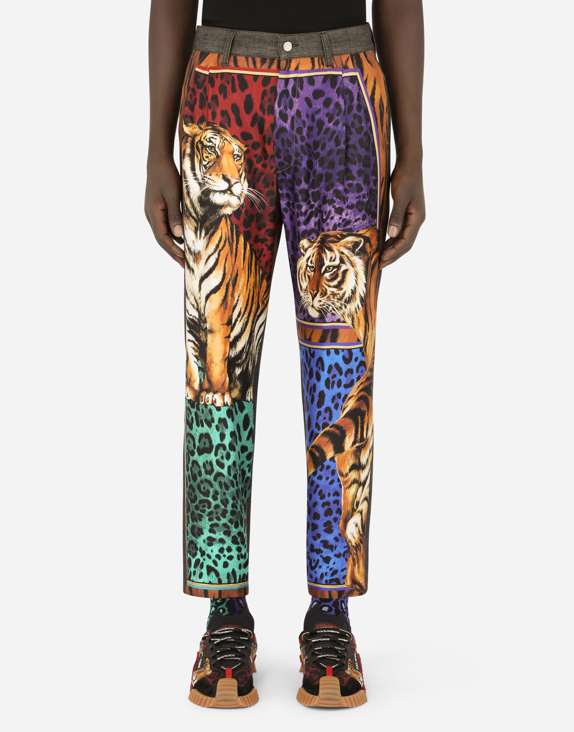 Oversize black denim and twill jeans with tiger print in Multicolor