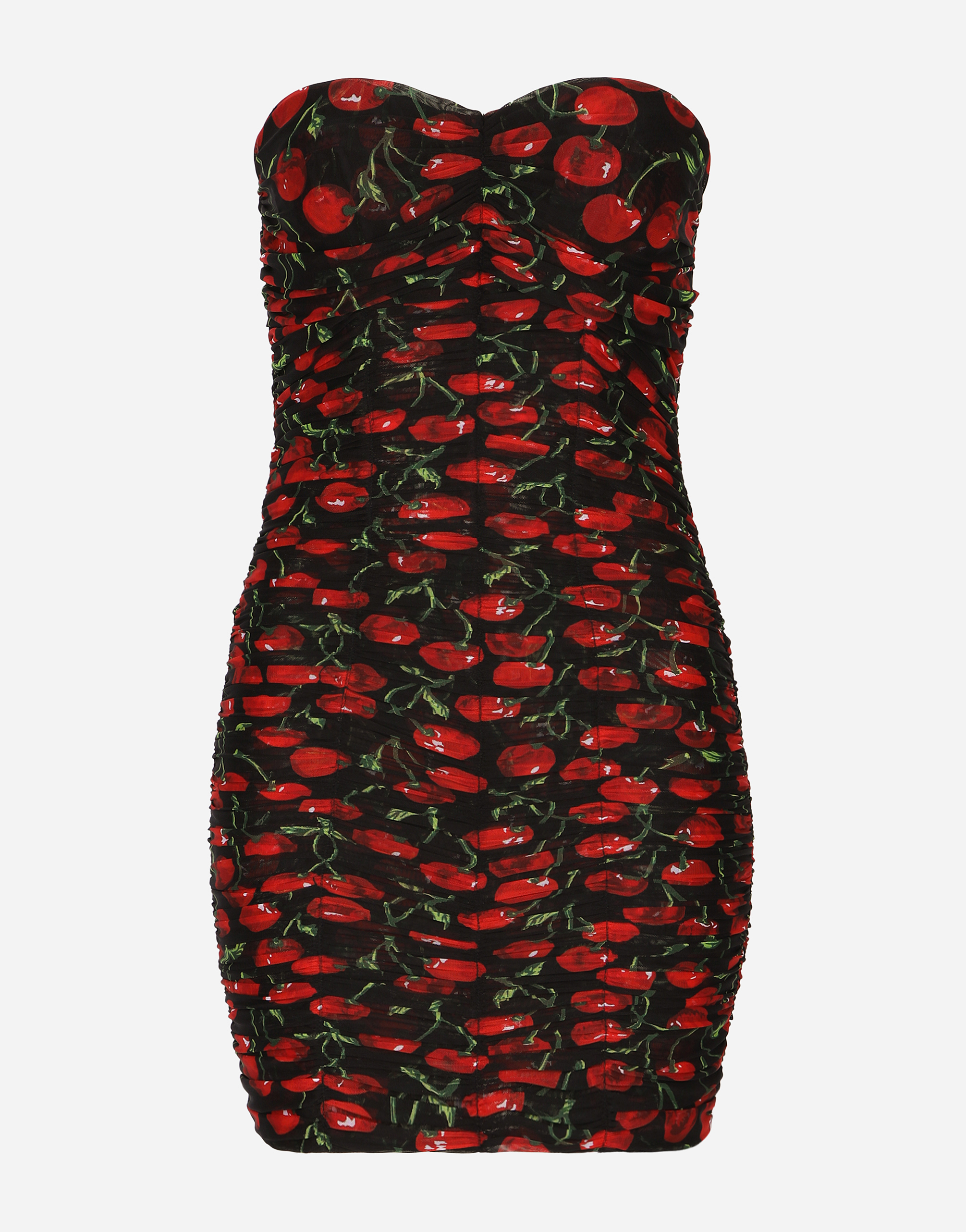 DOLCE & GABBANA CHERRY-PRINT TULLE STRAPLESS DRESS WITH DRAPING