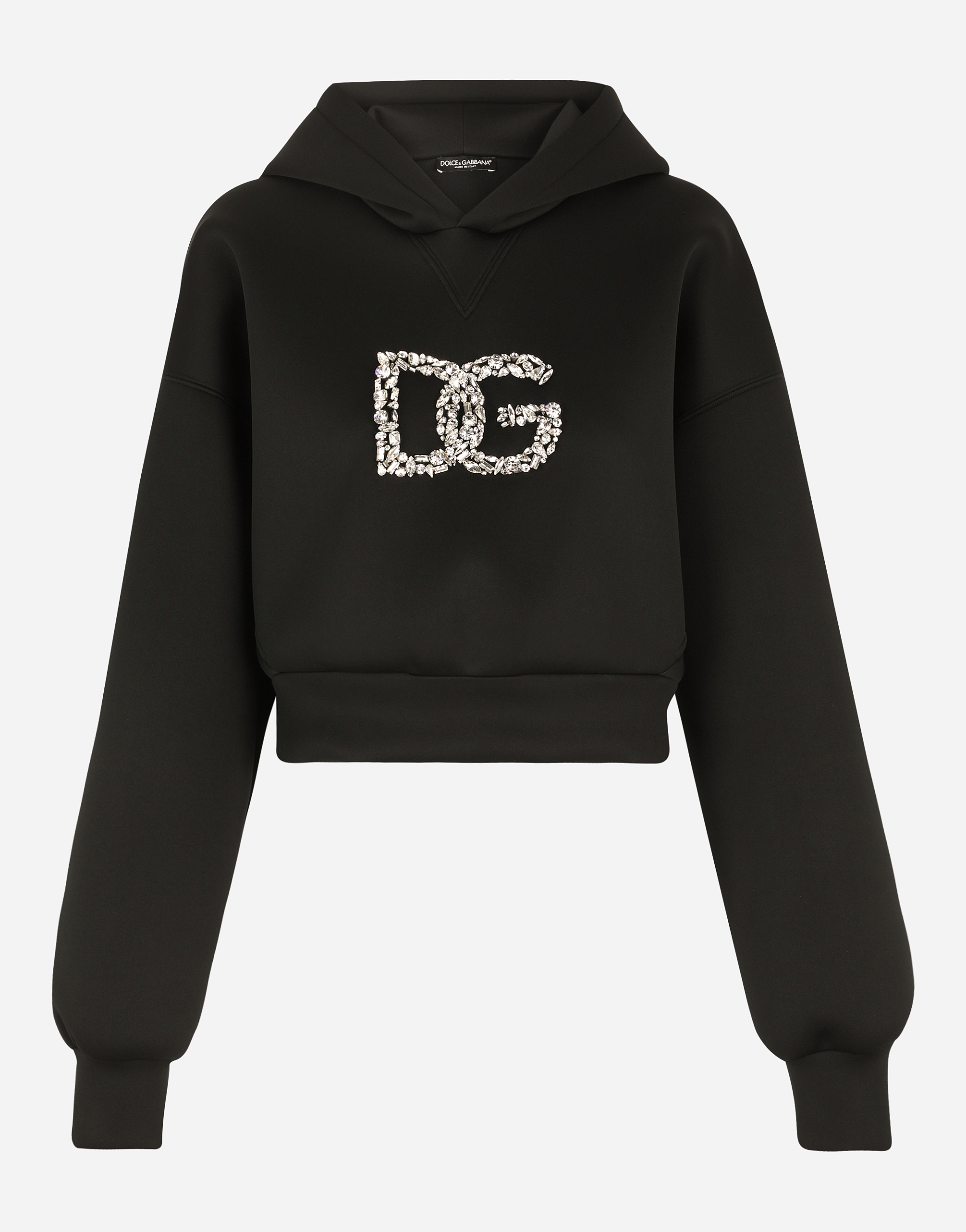 Technical jersey hoodie with crystal-embellished DG logo in Black