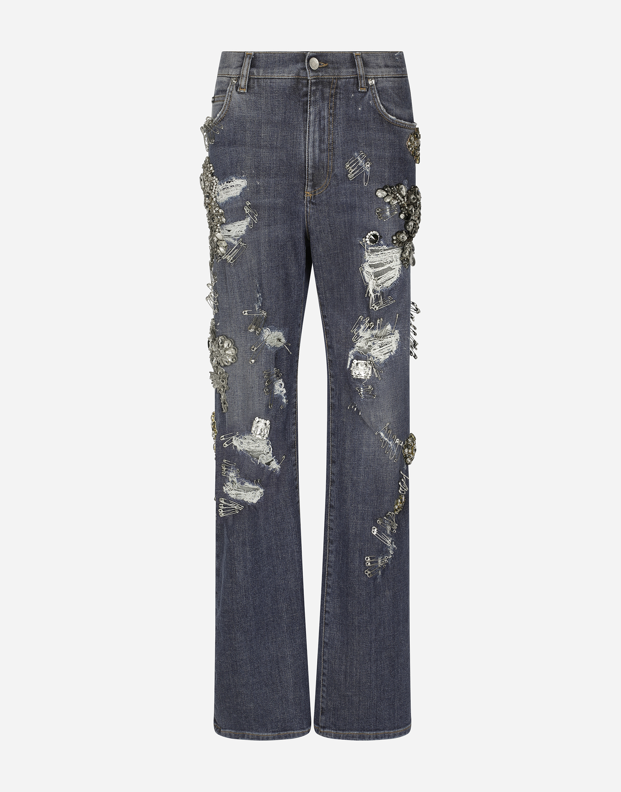 Denim jeans with ripped details and appliqués in Multicolor