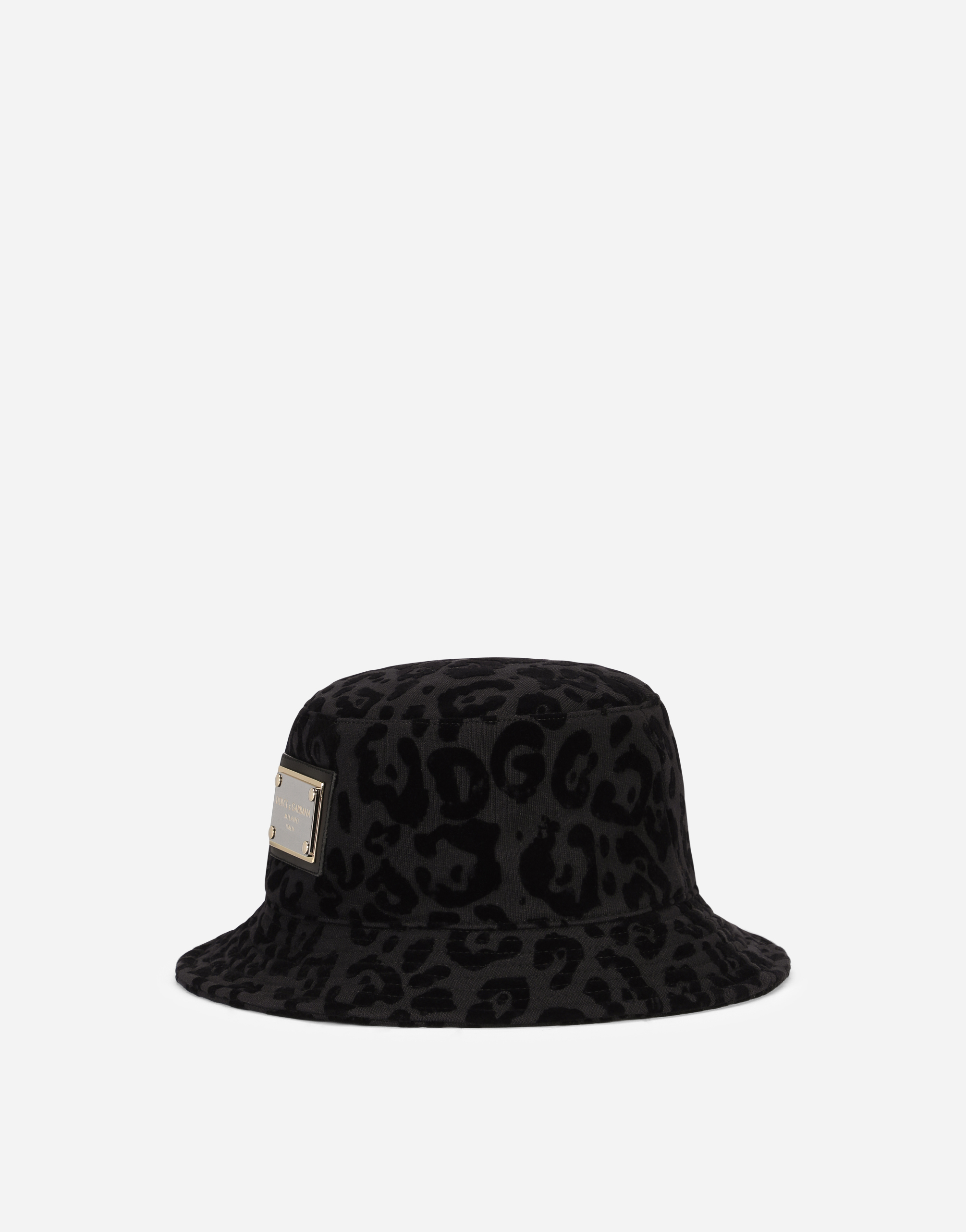 Bucket hat with flocked leopard print in Black